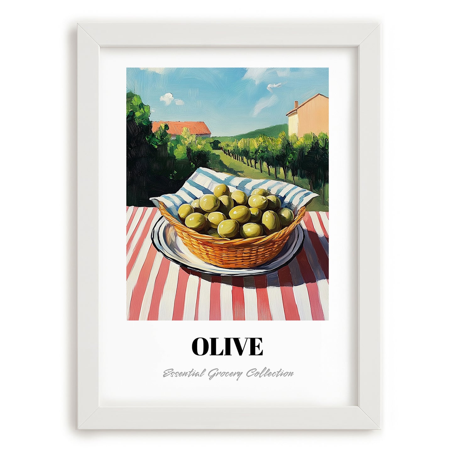 Olive – Green Valley Landscape, Vegetable Painting, placed in minimal white frame