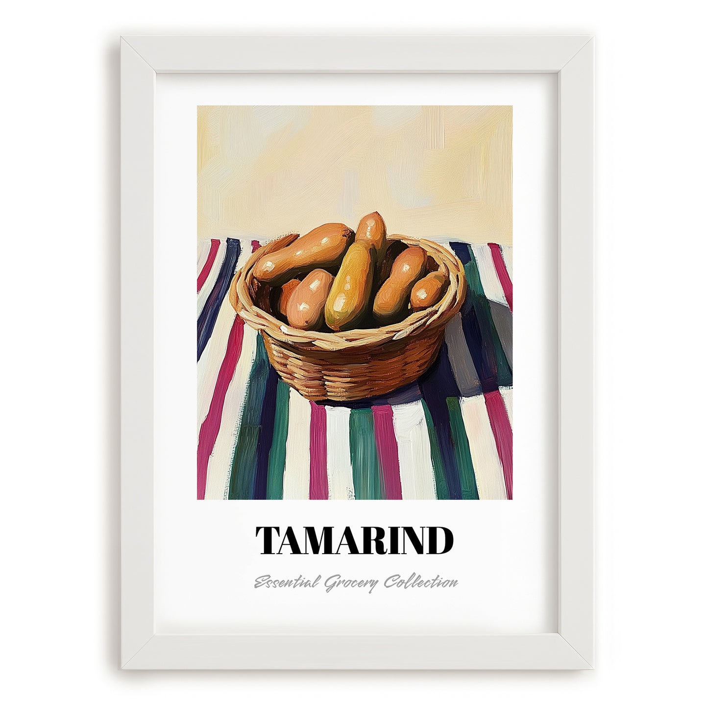Tamarind – on Striped Tablecloth, Vegetable Still Life, placed in minimal white frame