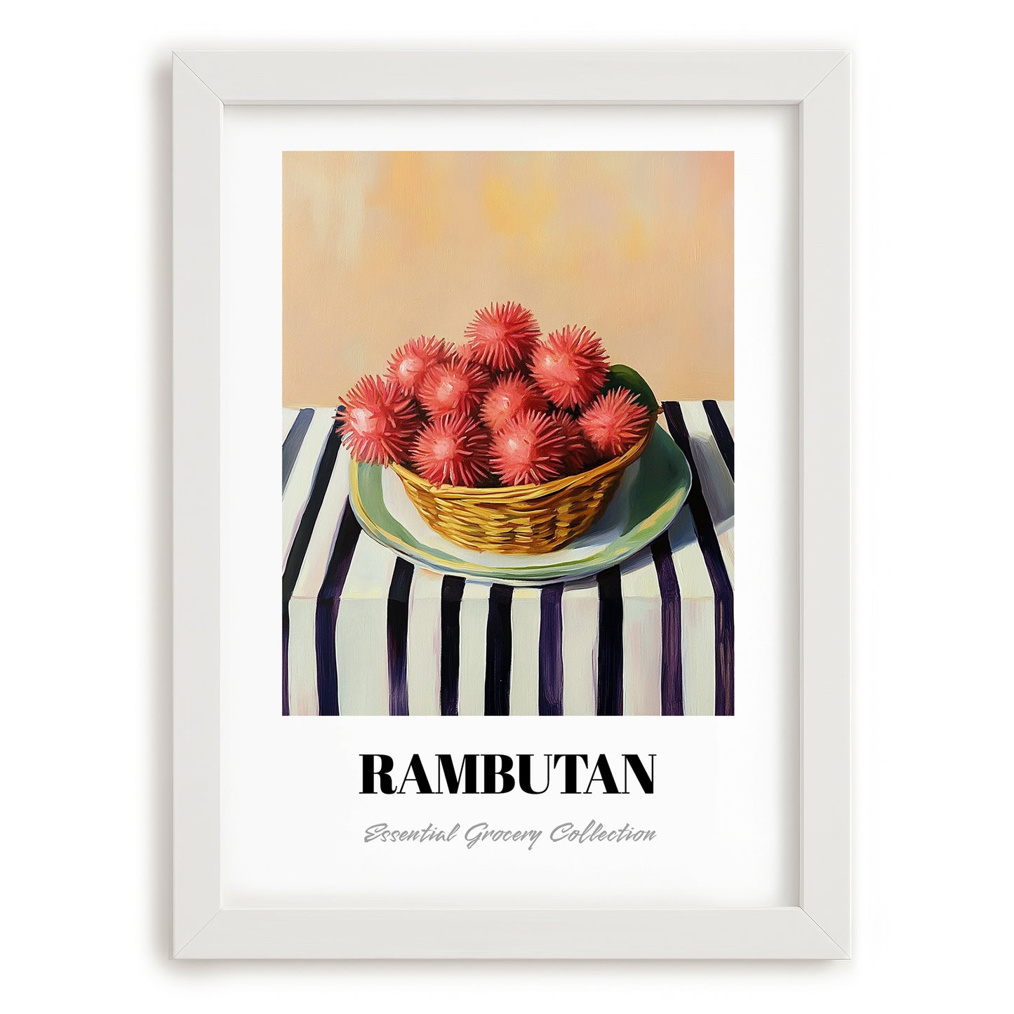 Rambutan – on Striped Tablecloth, Vegetable Wall Decor, placed in minimal white frame
