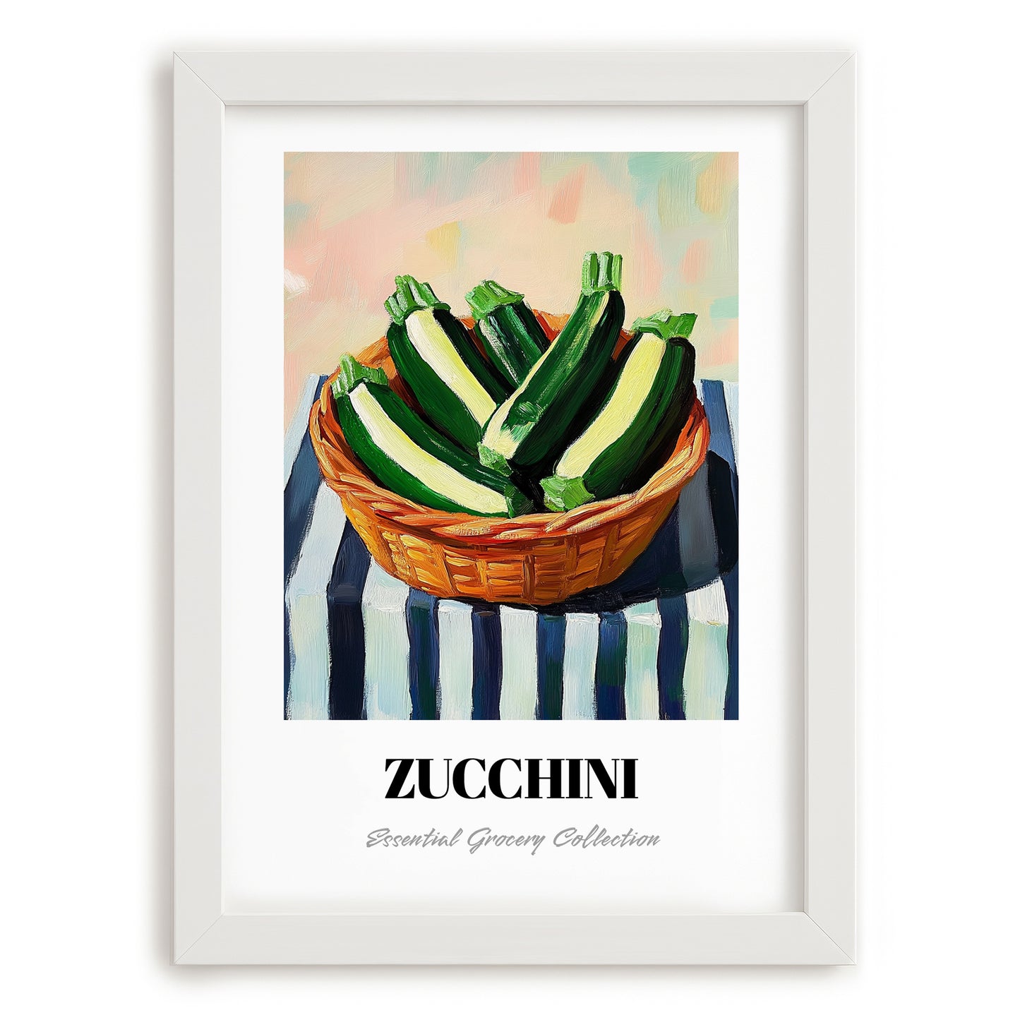 Zucchini – on Striped Tablecloth, Vegetable Poster, placed in minimal white frame