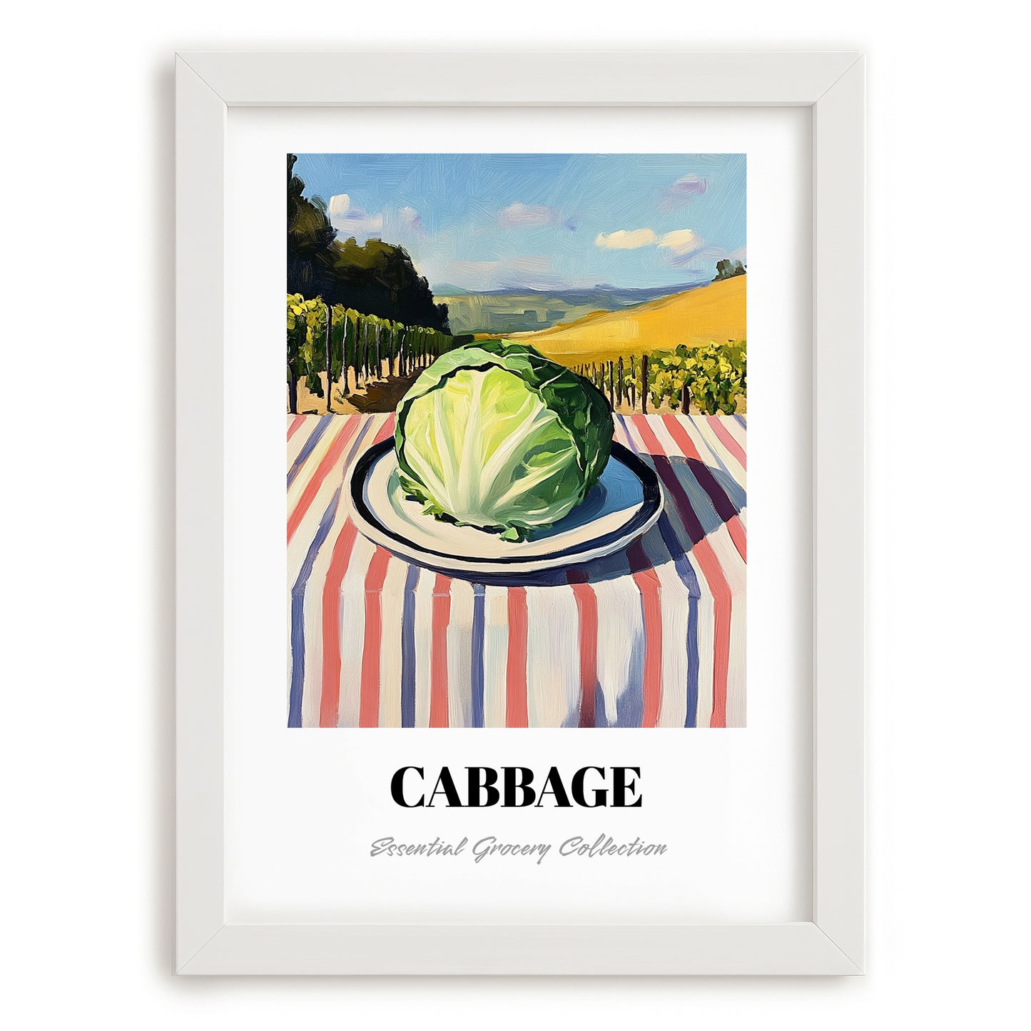 Cabbage – Valley Café Scene, Vegetable Still Life, placed in minimal white frame