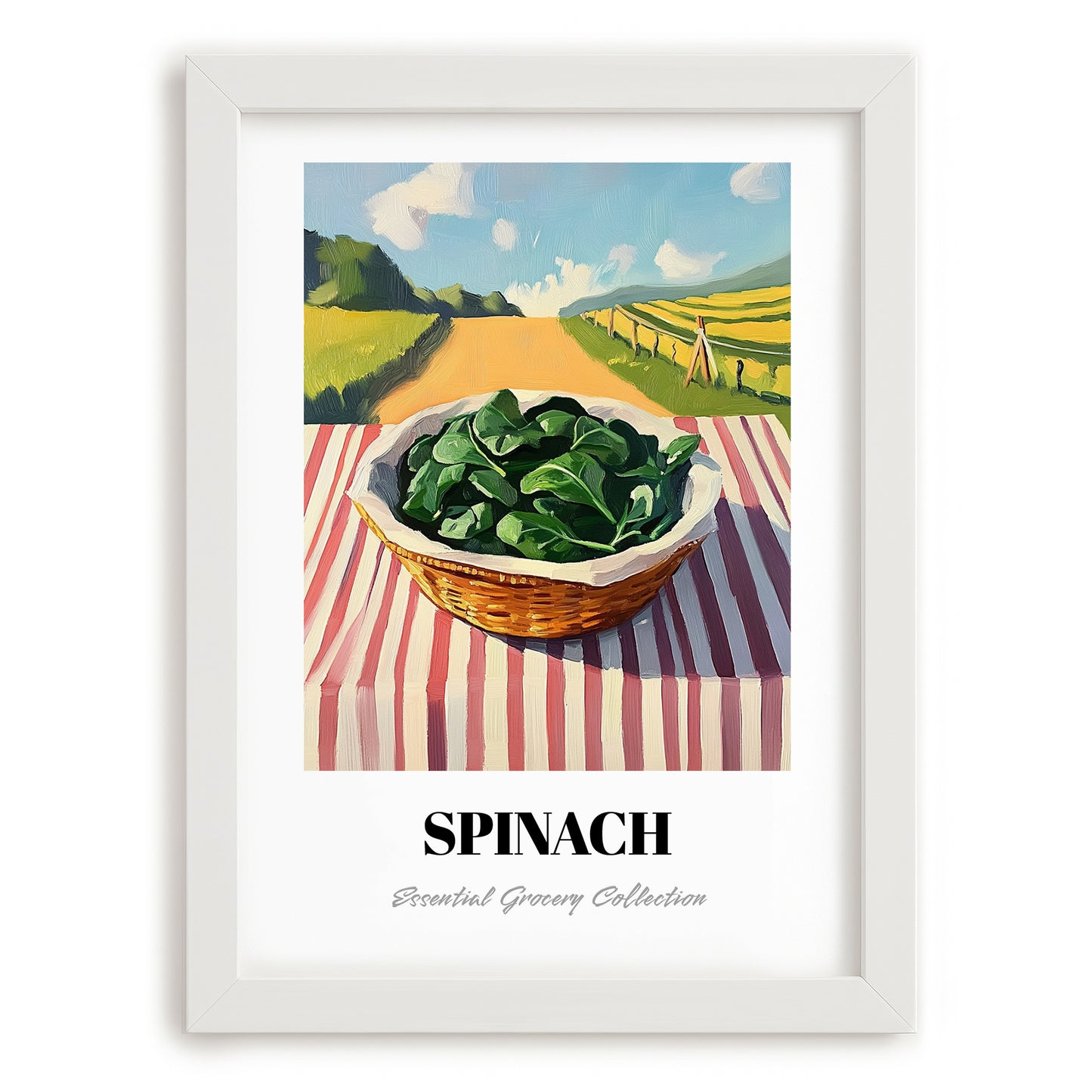 Spinach – Green Valley Landscape, Vegetable Print, placed in minimal white frame