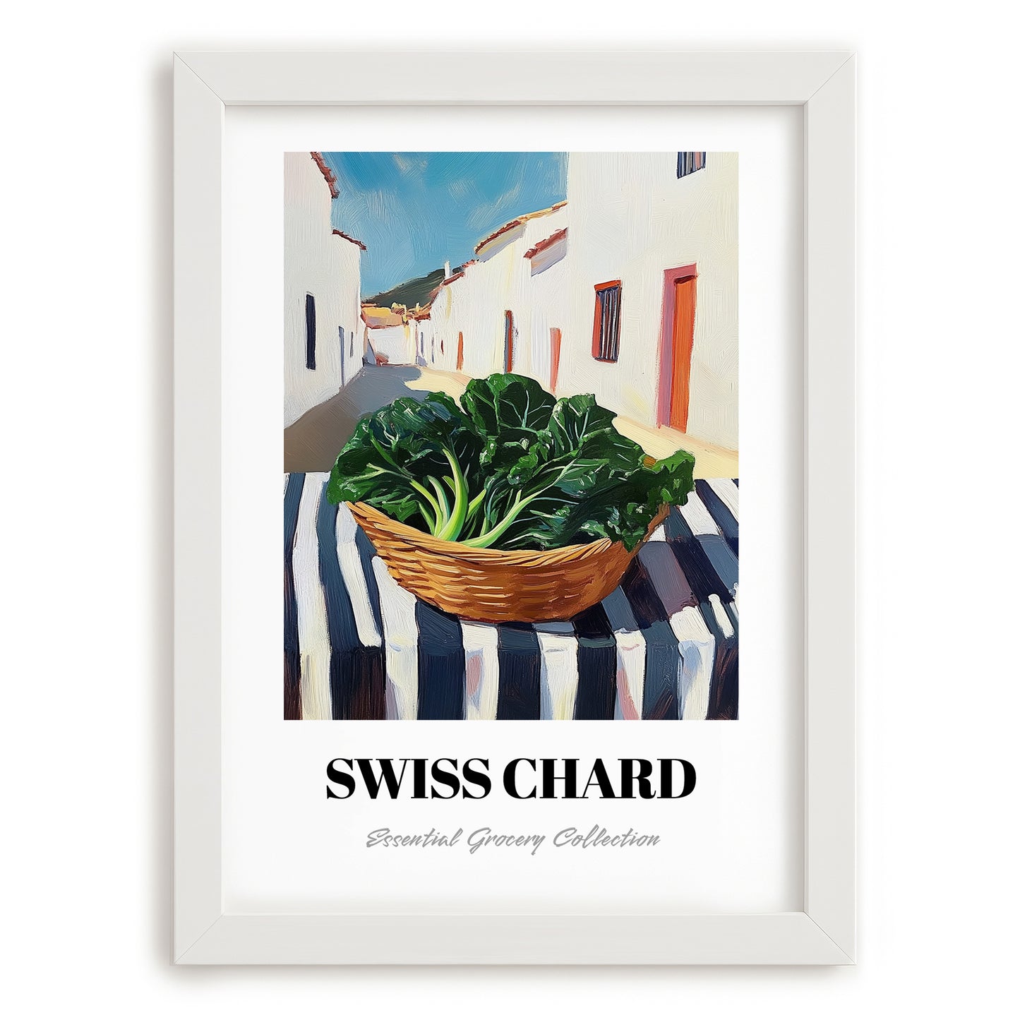 Swiss Chard – White village Outdoor Café Scene, Vegetable Wall Painting, placed in minimal white frame