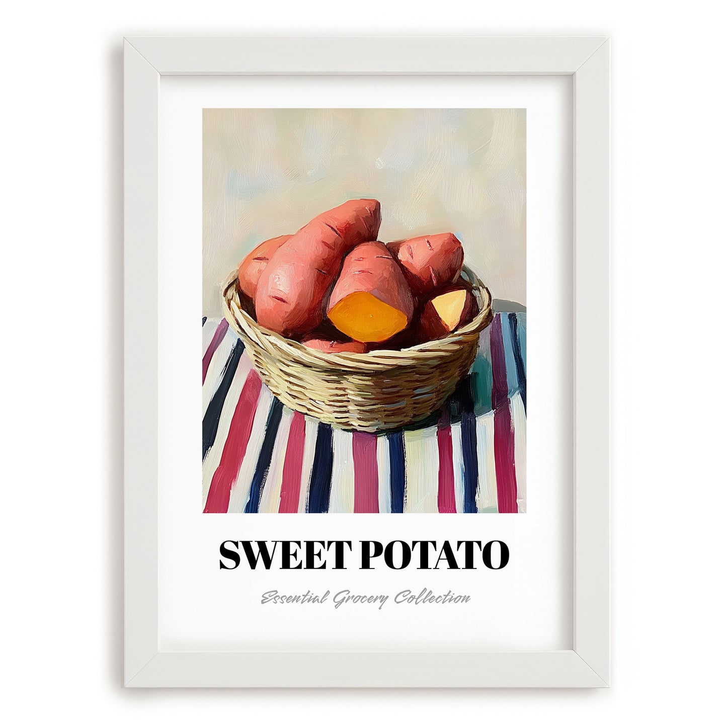 Sweet Potato – on Striped Tablecloth, Vegetable Print, placed in minimal white frame