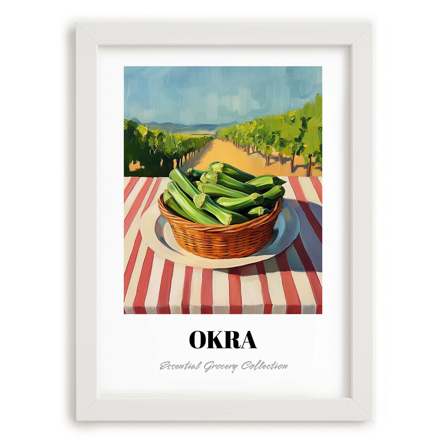 Okra – Valley Café Scene, Vegetable Wall Decor, placed in minimal white frame