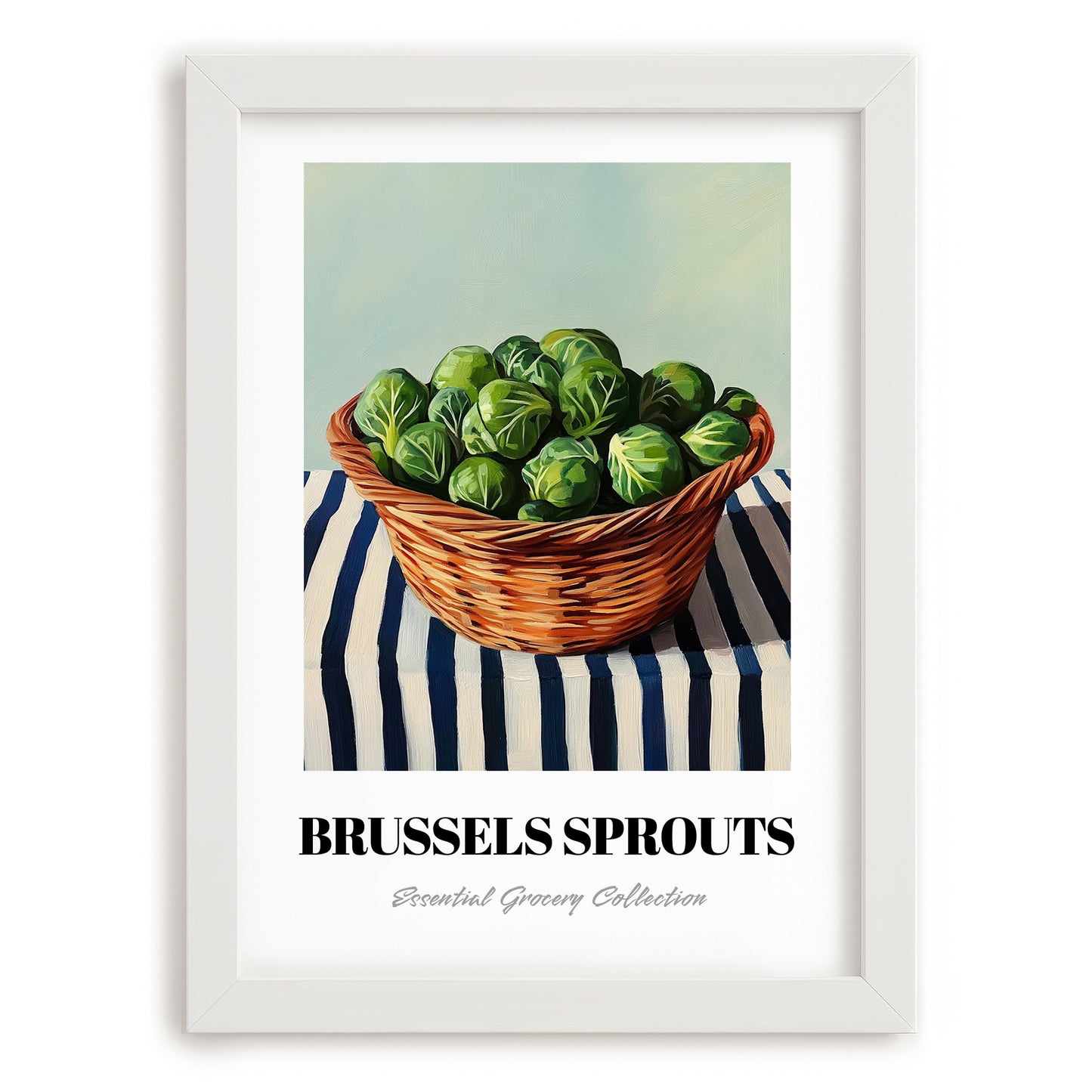 Brussels Sprouts – on Striped Tablecloth, Vegetable Poster, placed in minimal white frame