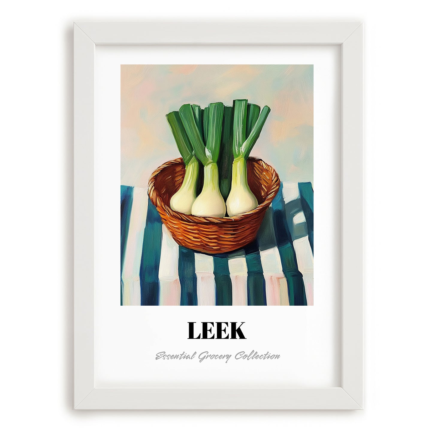 Leek – on Striped Tablecloth, Vegetable Illustration, placed in minimal white frame