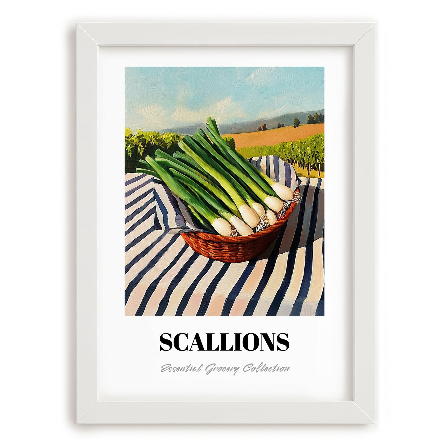 Scallions – Valley Café Scene, Vegetable Still Life, placed in minimal white frame