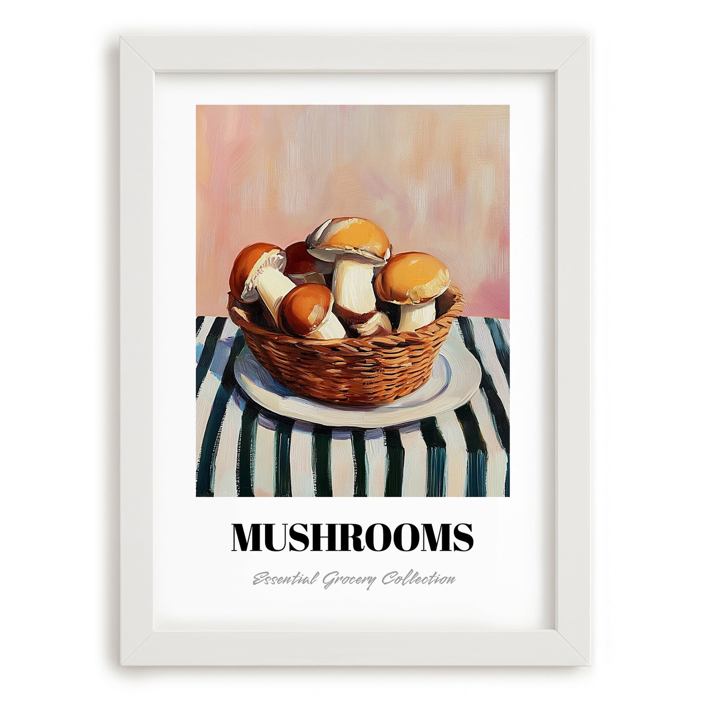 Mushrooms – on Striped Tablecloth, Vegetable Illustration, placed in minimal white frame
