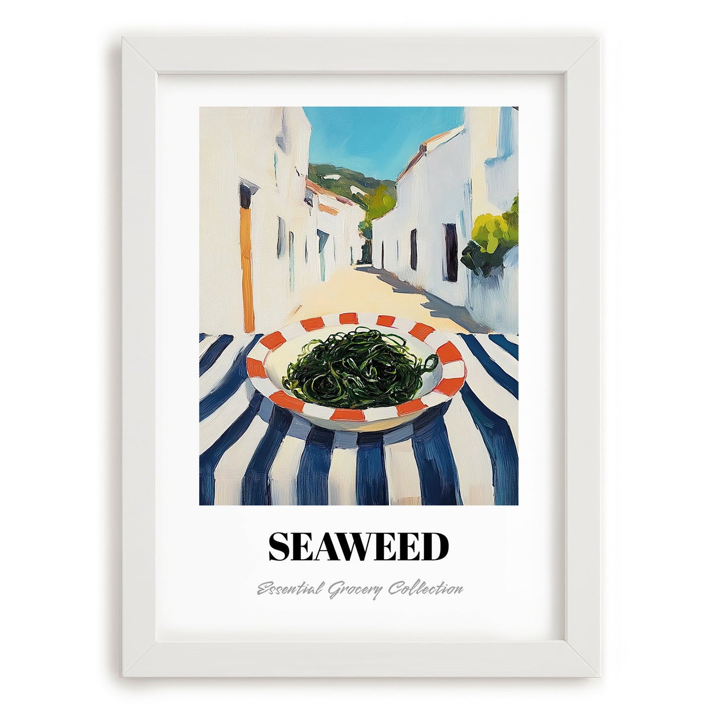 Seaweed – White village Urban Café Scene, Fresh Herbs Still Life, placed in minimal white frame