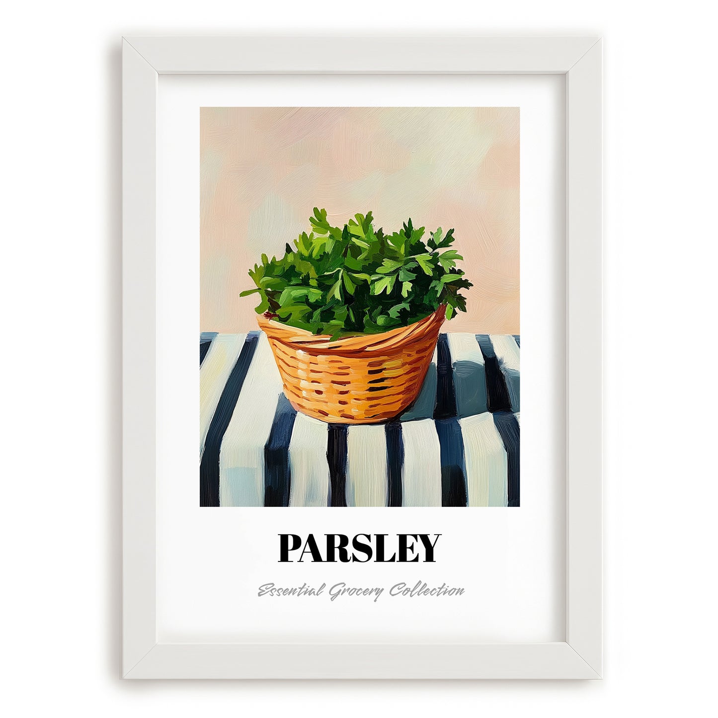 Parsley – on Striped Tablecloth, Fresh Herbs Illustration, placed in minimal white frame