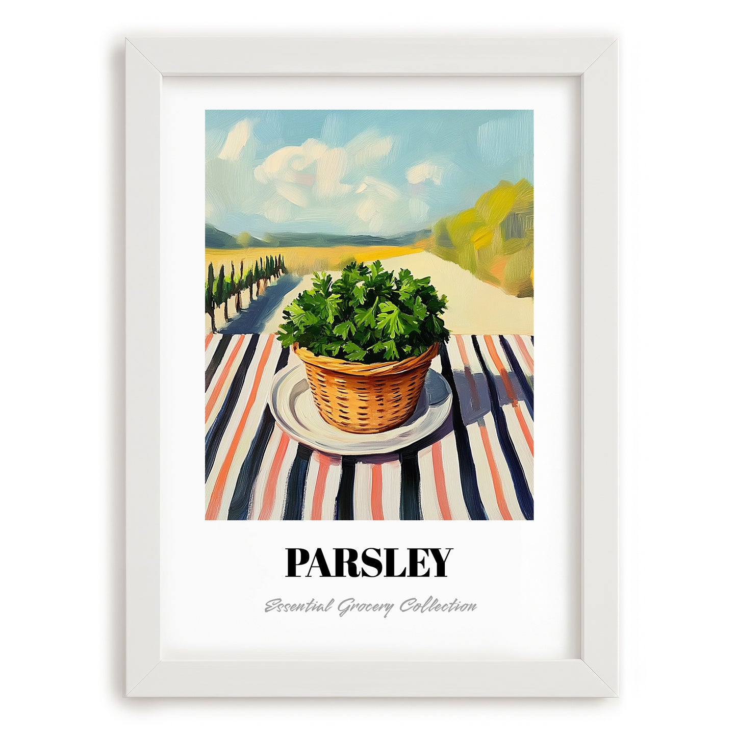 Parsley – Valley Café Scene, Fresh Herbs Painting, placed in minimal white frame