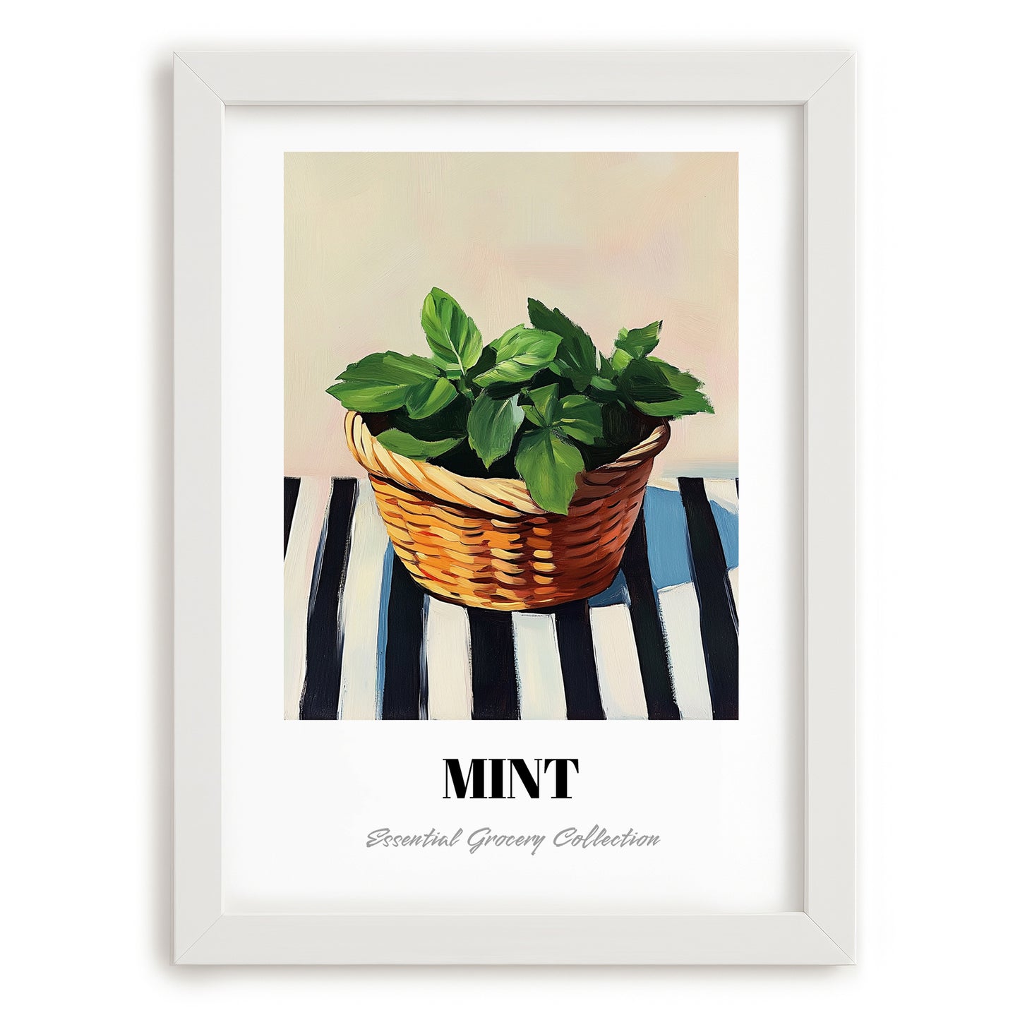 Mint – on Striped Tablecloth, Fresh Herbs Poster, placed in minimal white frame