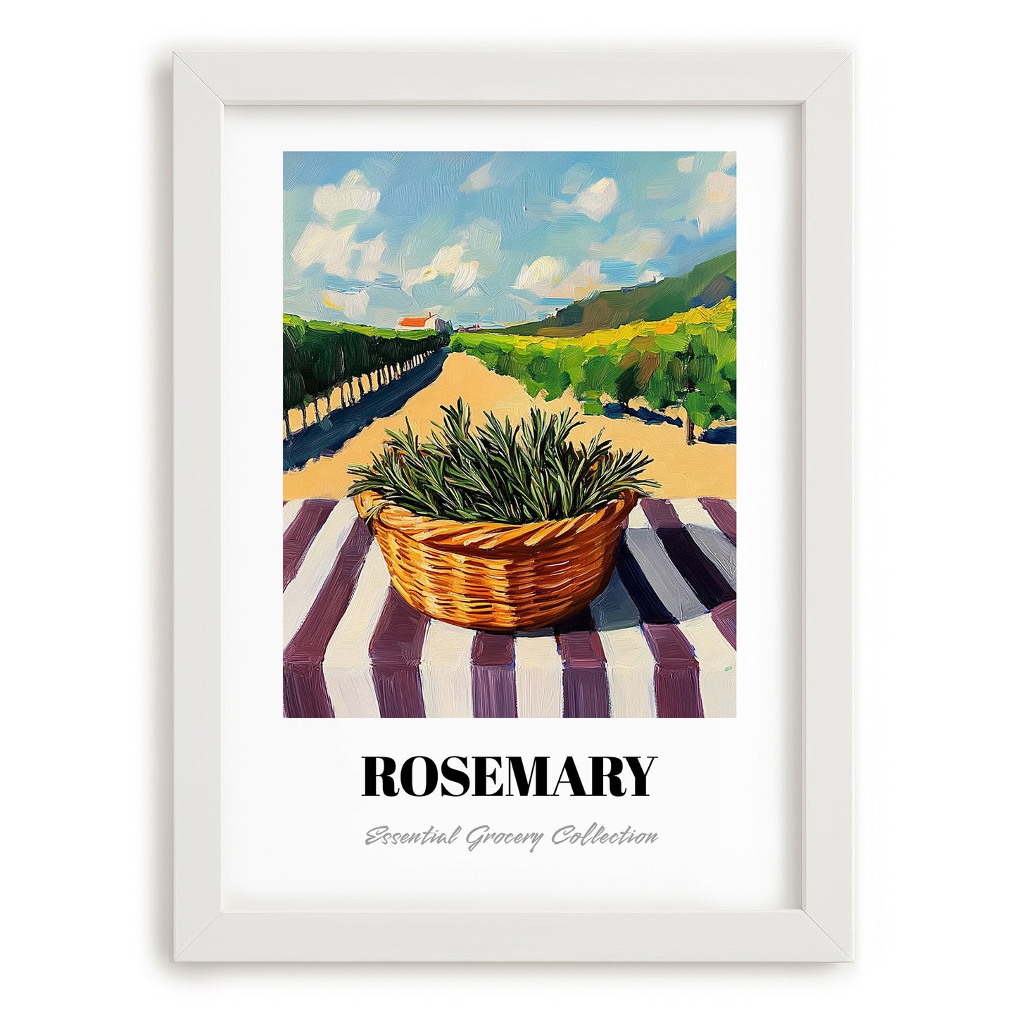 Rosemary – Valley Café Scene, Fresh Herbs Still Life, placed in minimal white frame