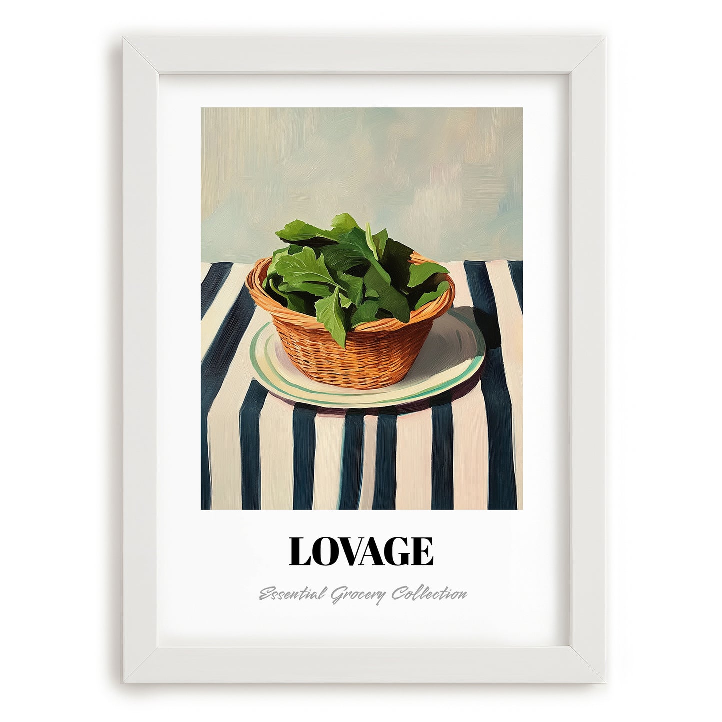 Lovage – on Striped Tablecloth, Fresh Herbs Illustration, placed in minimal white frame