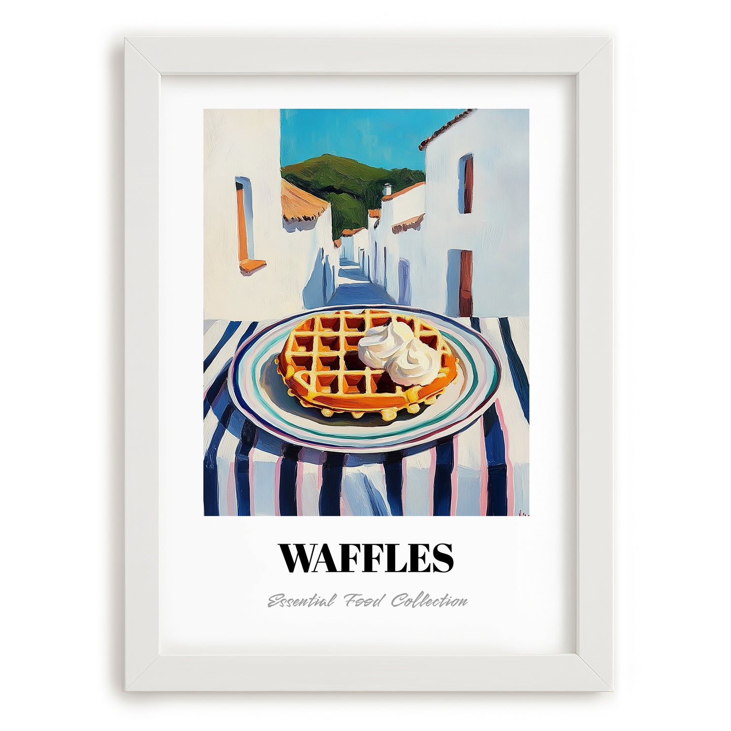 Waffles – White village Urban Café Scene, American Pastry Still Life, placed in minimal white frame
