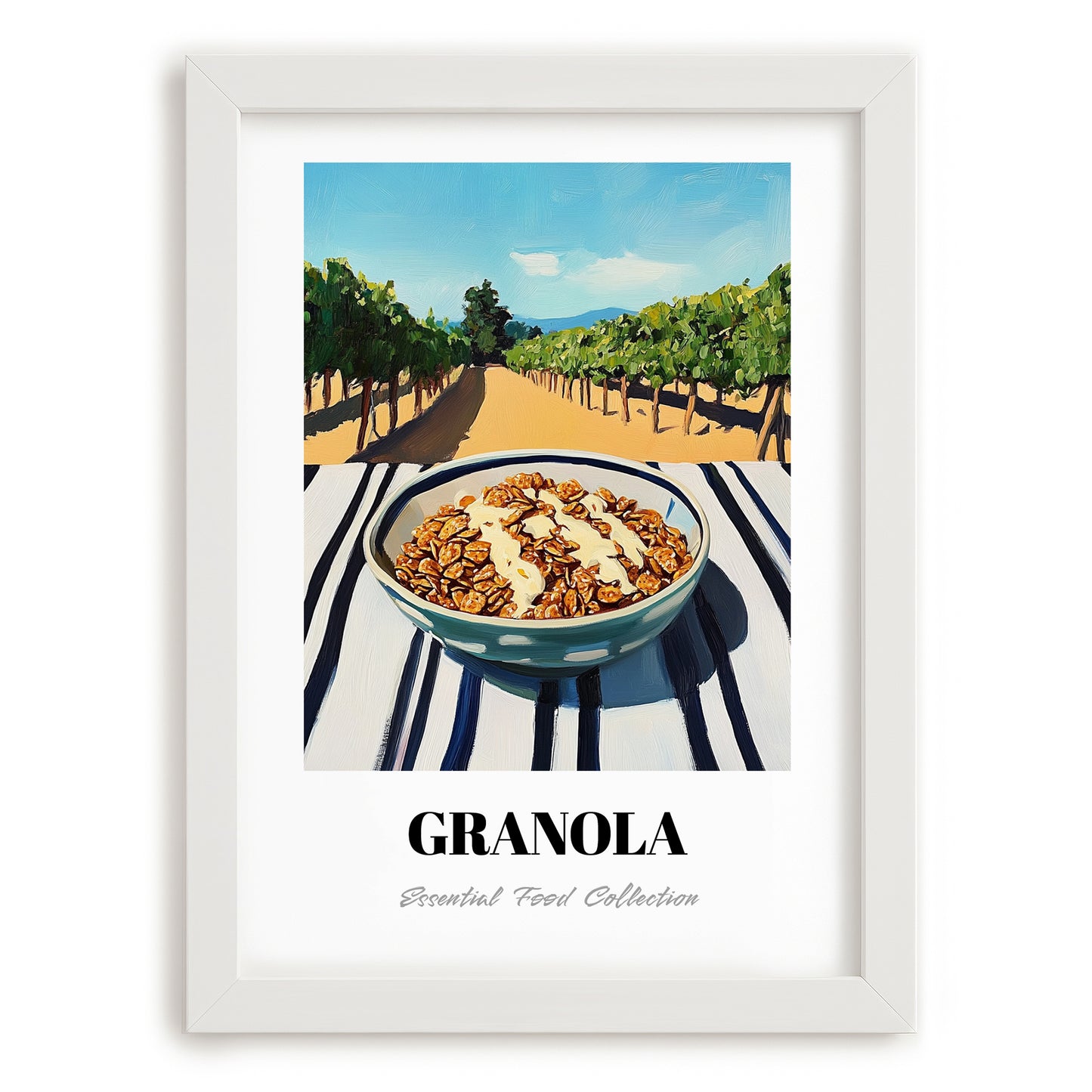 Granola #6 – Hilltop Table Scene, American Food Painting, placed in minimal white frame