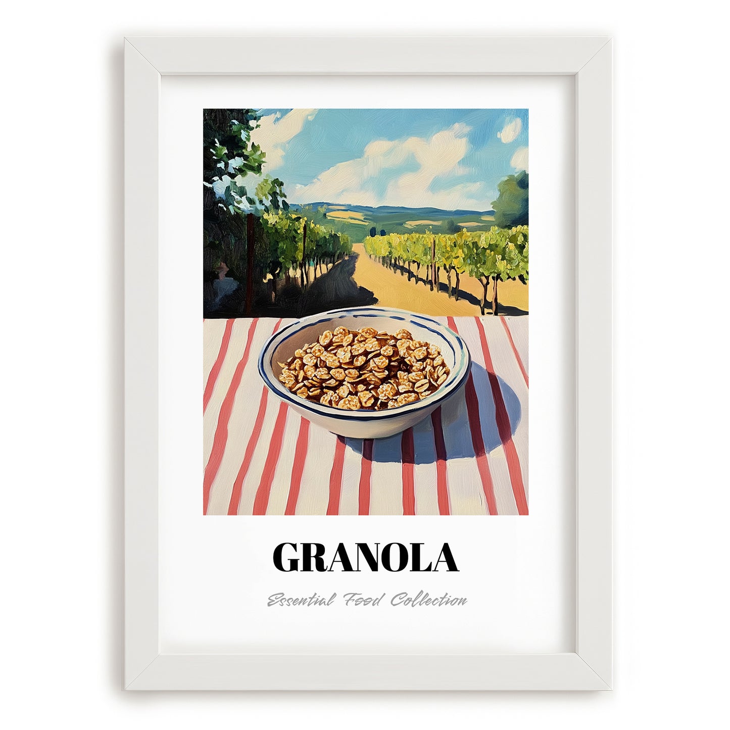 Granola #9 – Hilltop Table Scene, American Food Illustration, placed in minimal white frame