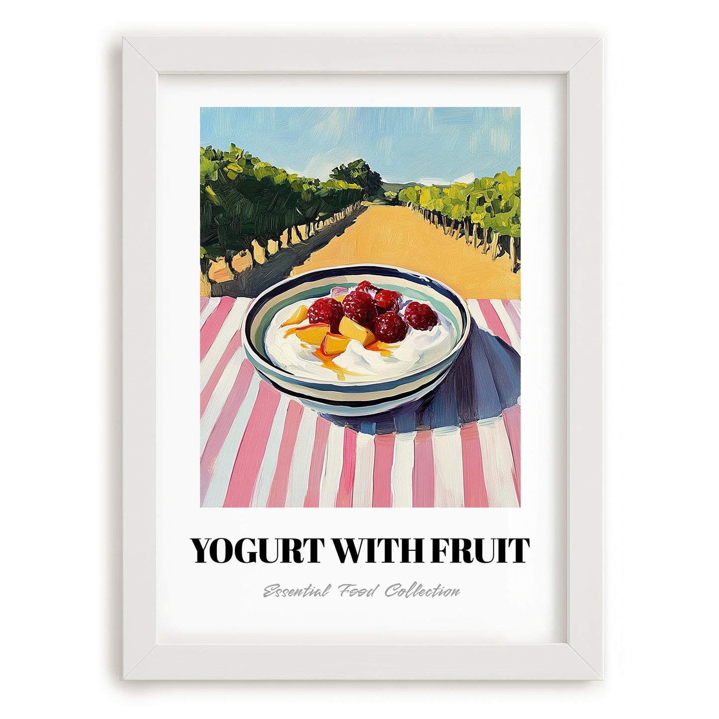 Yogurt With Fruit – Hillside Café View, Greek Food Wall Decor, placed in minimal white frame