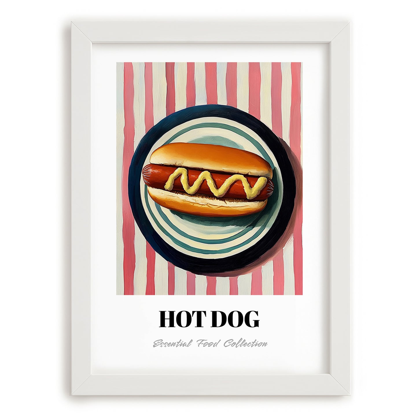 Hot Dog – on Striped Tablecloth, American Food Print, placed in minimal white frame