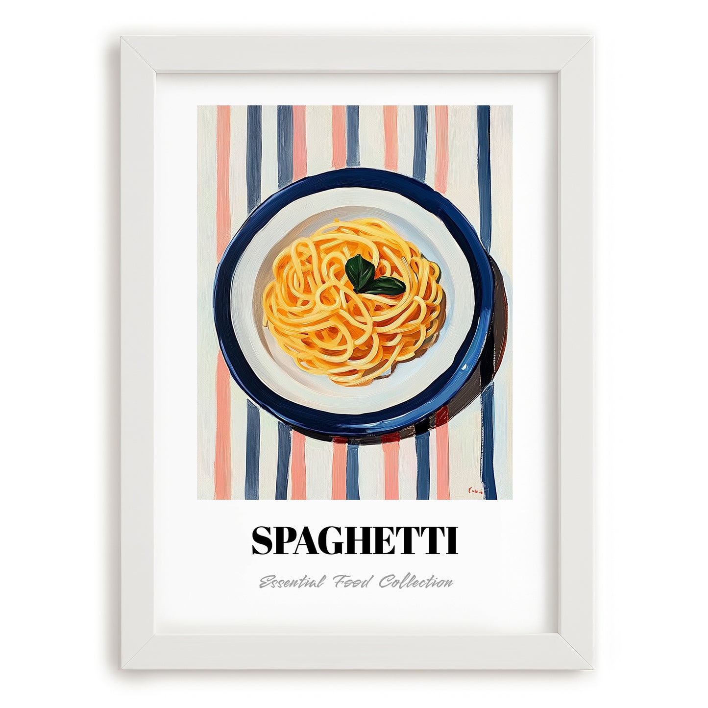 Spaghetti – on Striped Tablecloth, Italian Pasta Still Life, placed in minimal white frame