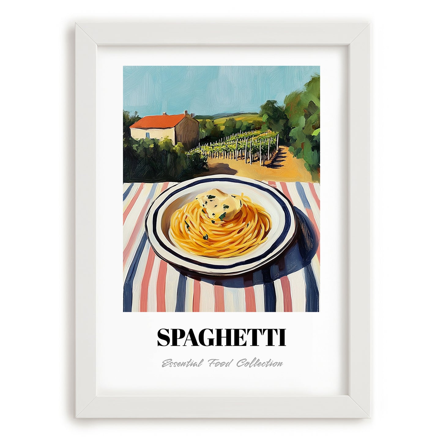 Spaghetti – Hilltop Table Scene, Italian Pasta Poster, placed in minimal white frame