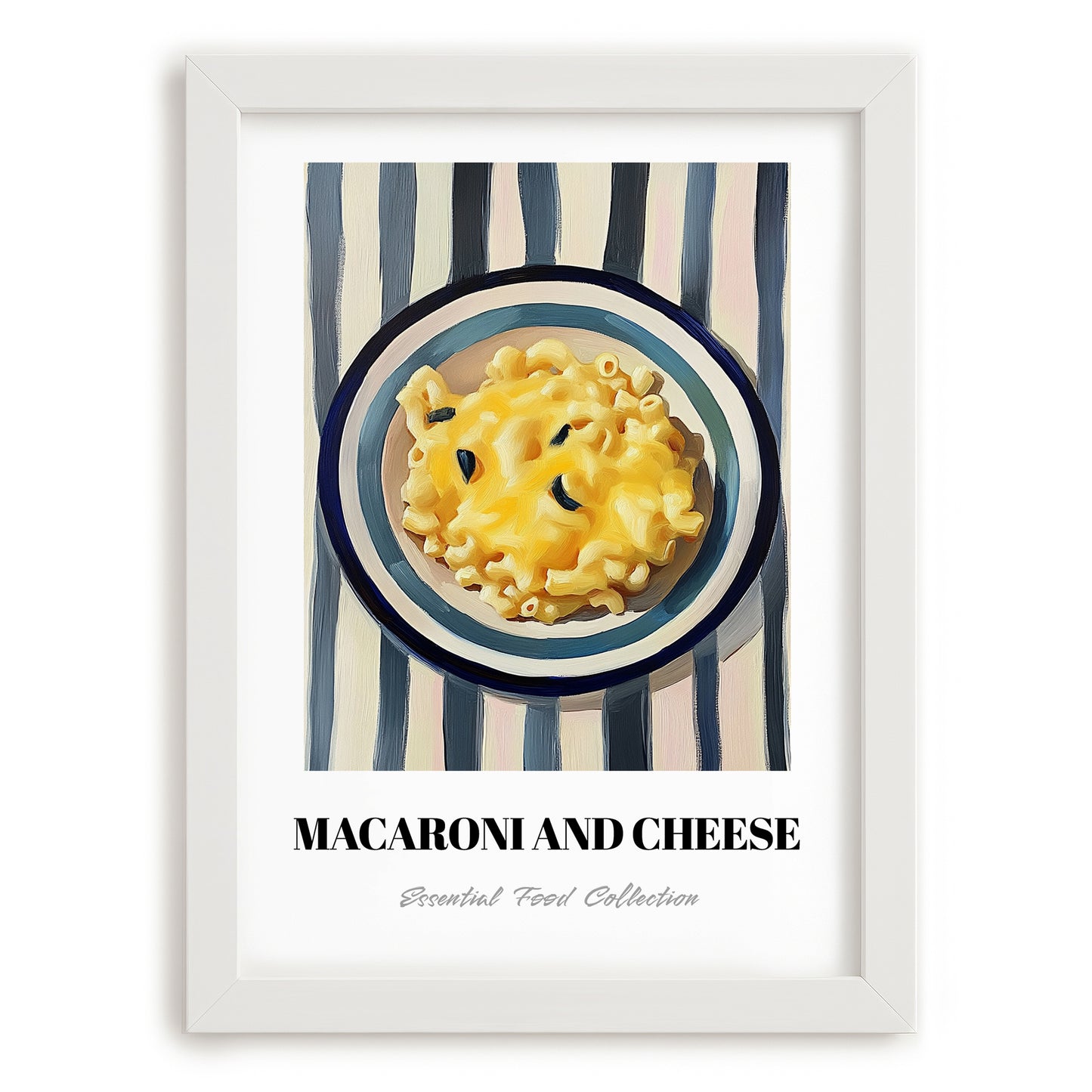 Macaroni And Cheese – on Striped Tablecloth, American Pasta Wall Decor, placed in minimal white frame