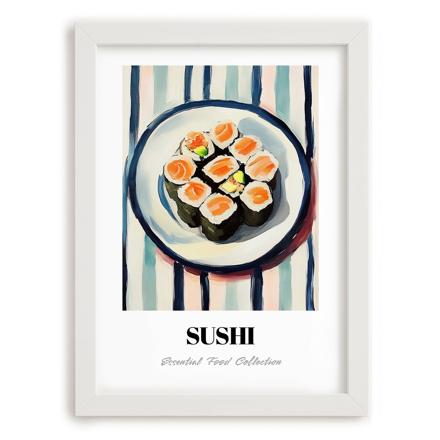Sushi – on Striped Tablecloth, Japanese Food Illustration, placed in minimal white frame