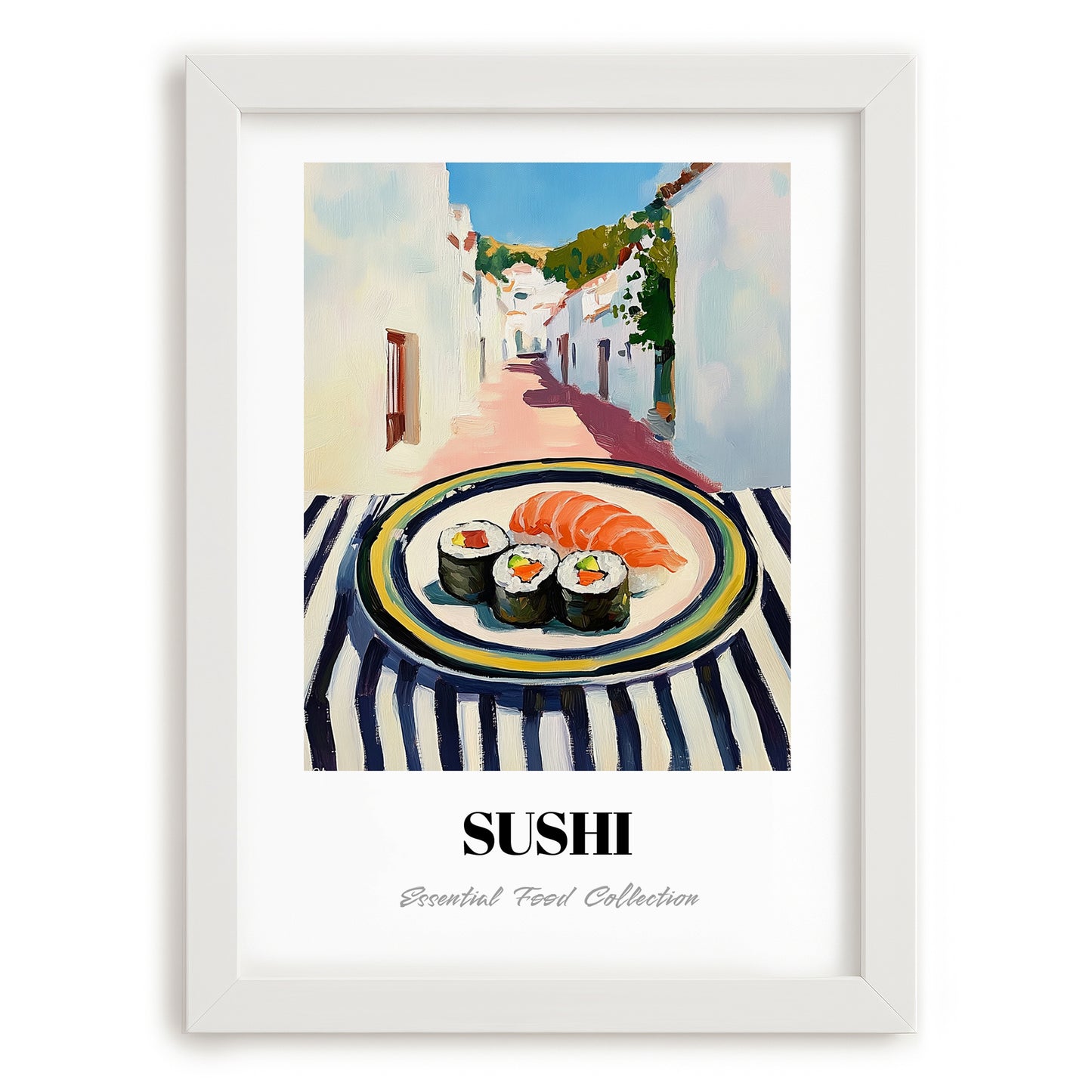Sushi – White village Street Café Scene, Japanese Food Painting, placed in minimal white frame