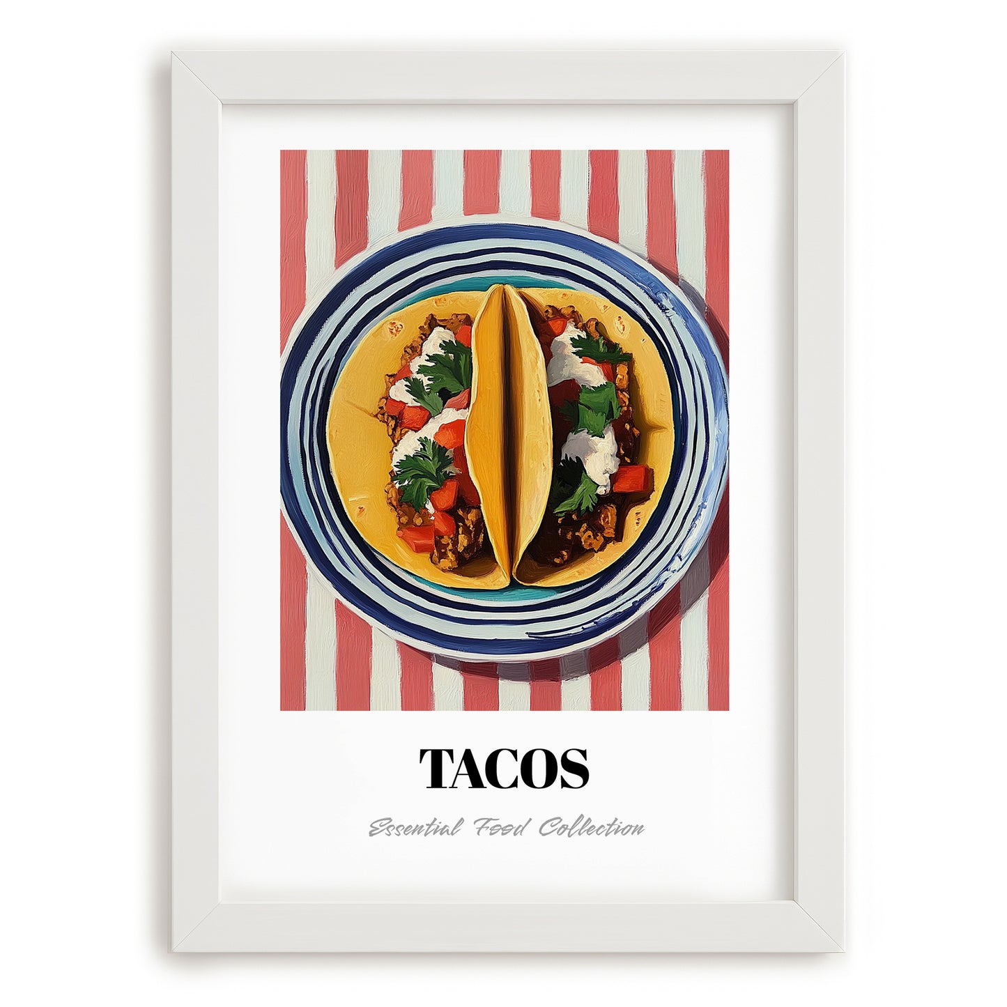 Tacos – on Striped Tablecloth, Mexican Food Art, placed in minimal white frame