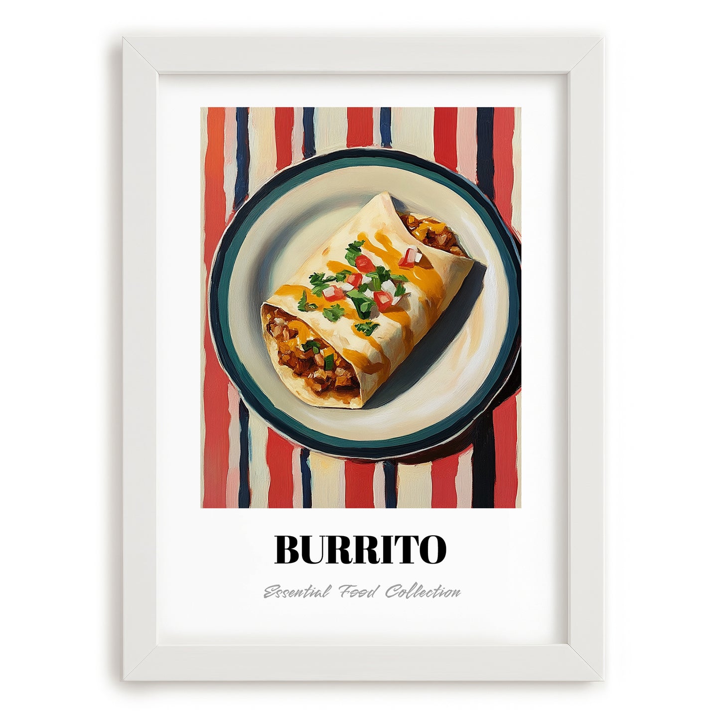 Burrito – on Striped Tablecloth, Mexican Food Wall Art, placed in minimal white frame