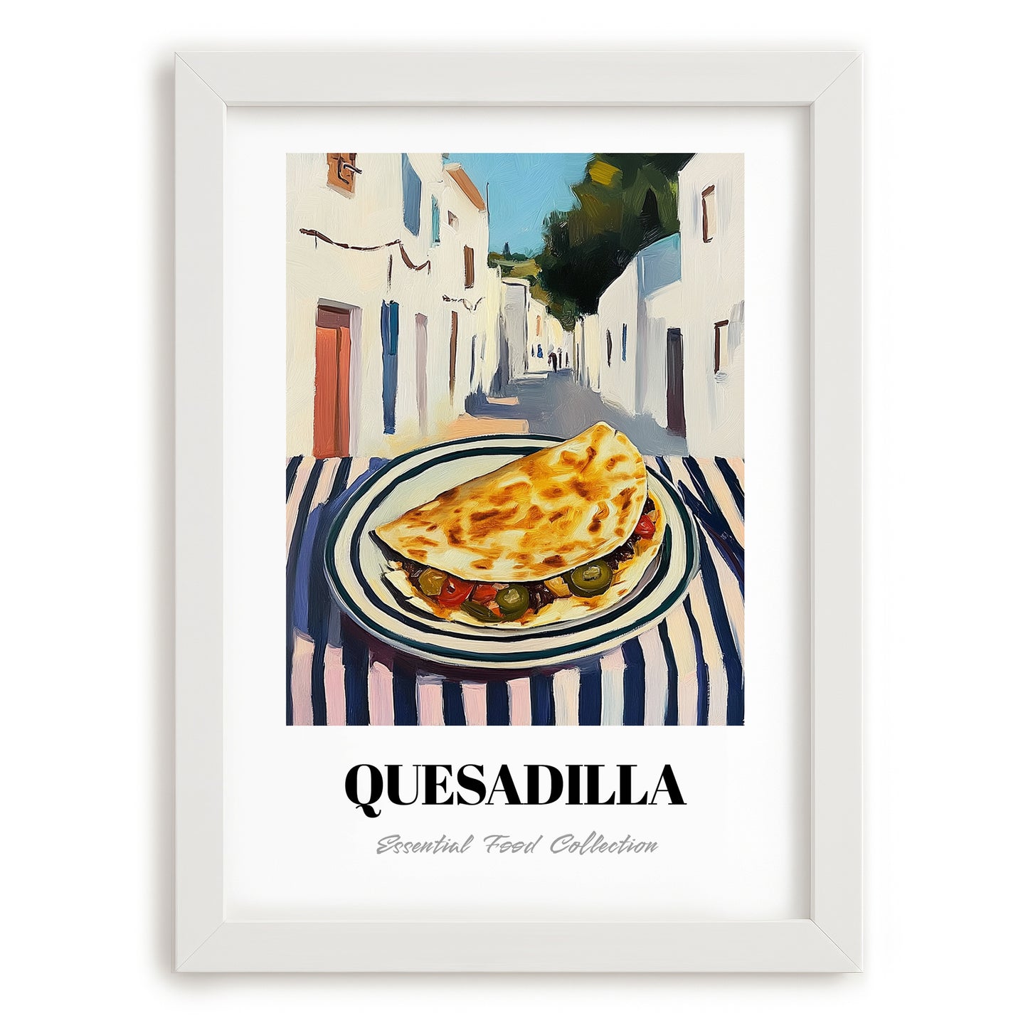 Quesadilla – White village Café on the Corner, Mexican Cheese Wall Art, placed in minimal white frame