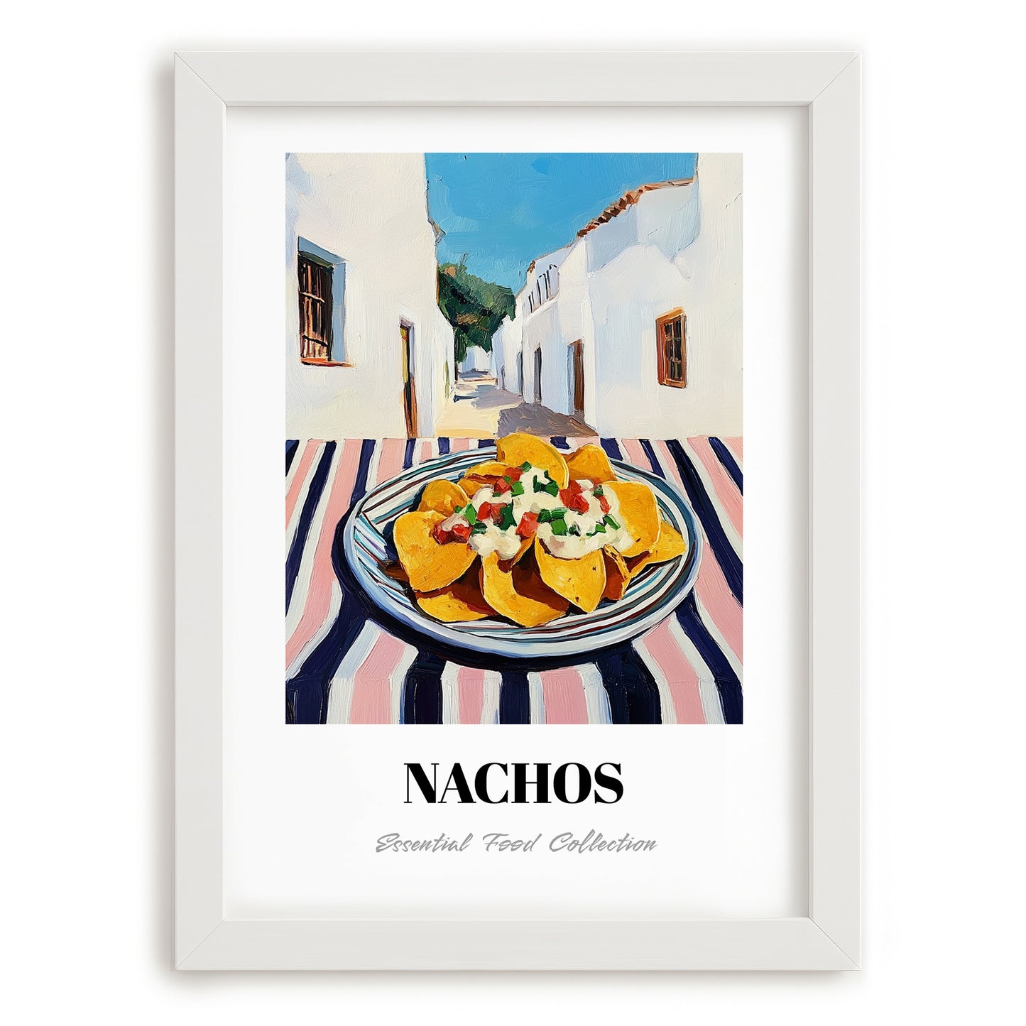 Nachos – White village Café on the Corner, Mexican Cheese Illustration, placed in minimal white frame
