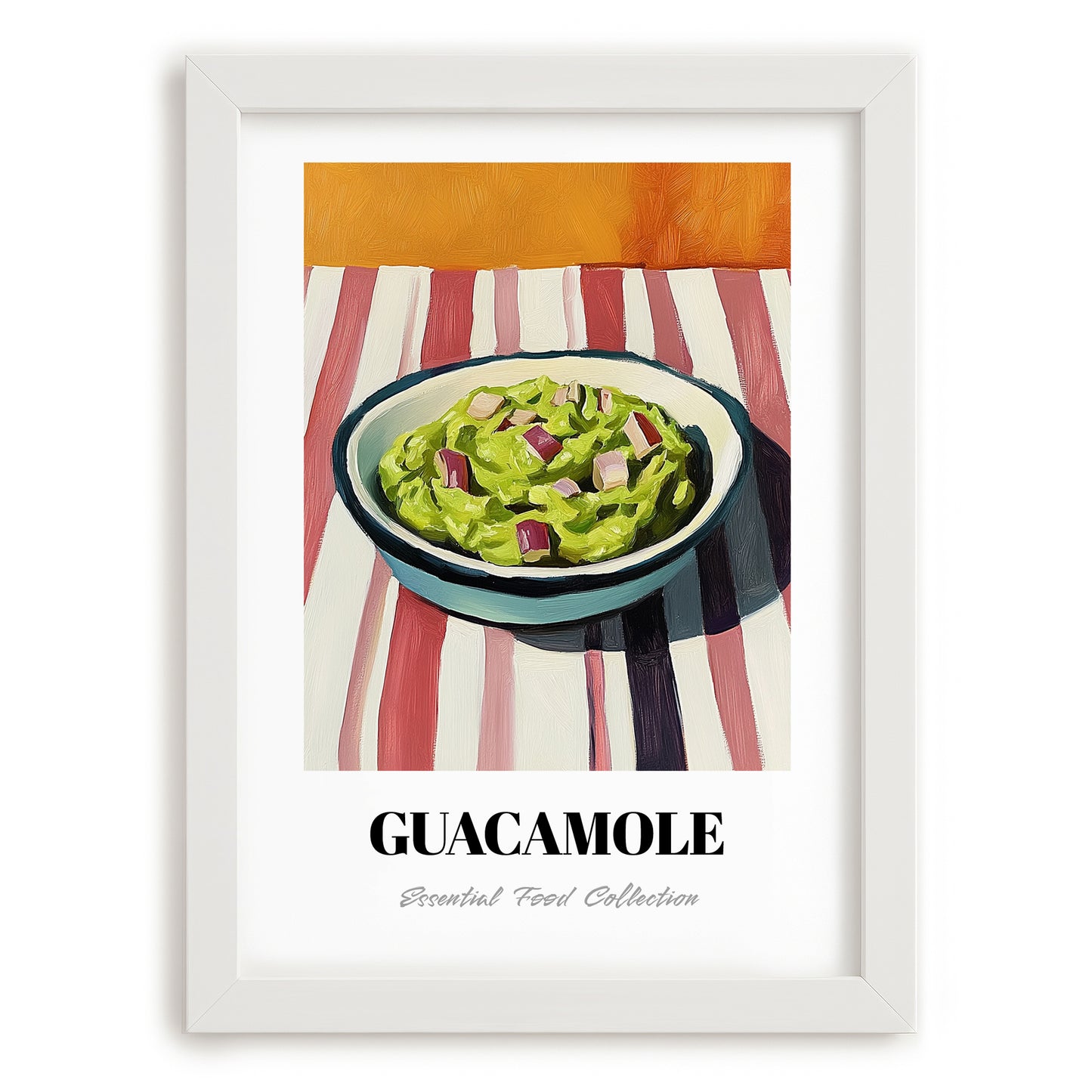 Guacamole – on Striped Tablecloth, Mexican Food Still Life, placed in minimal white frame