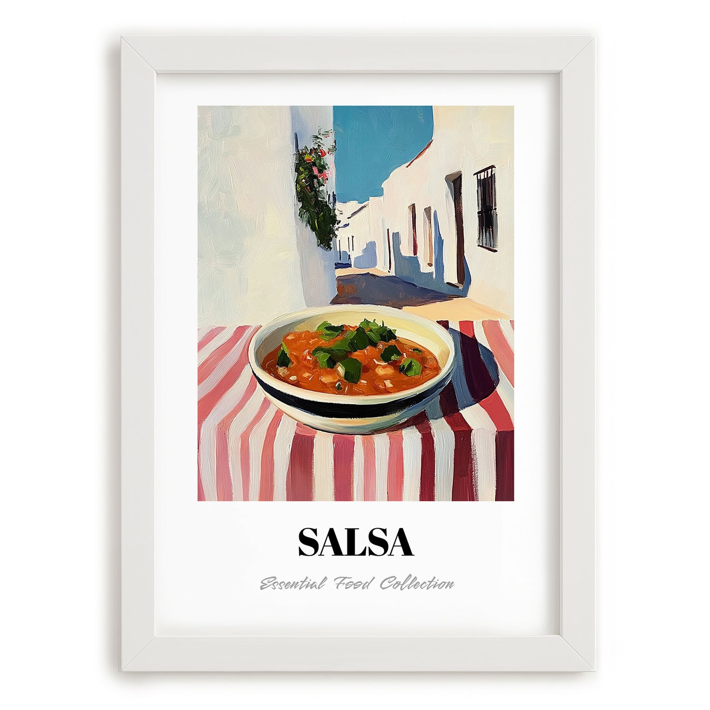 Salsa – White village Urban Café Scene, Mexican Food Illustration, placed in minimal white frame