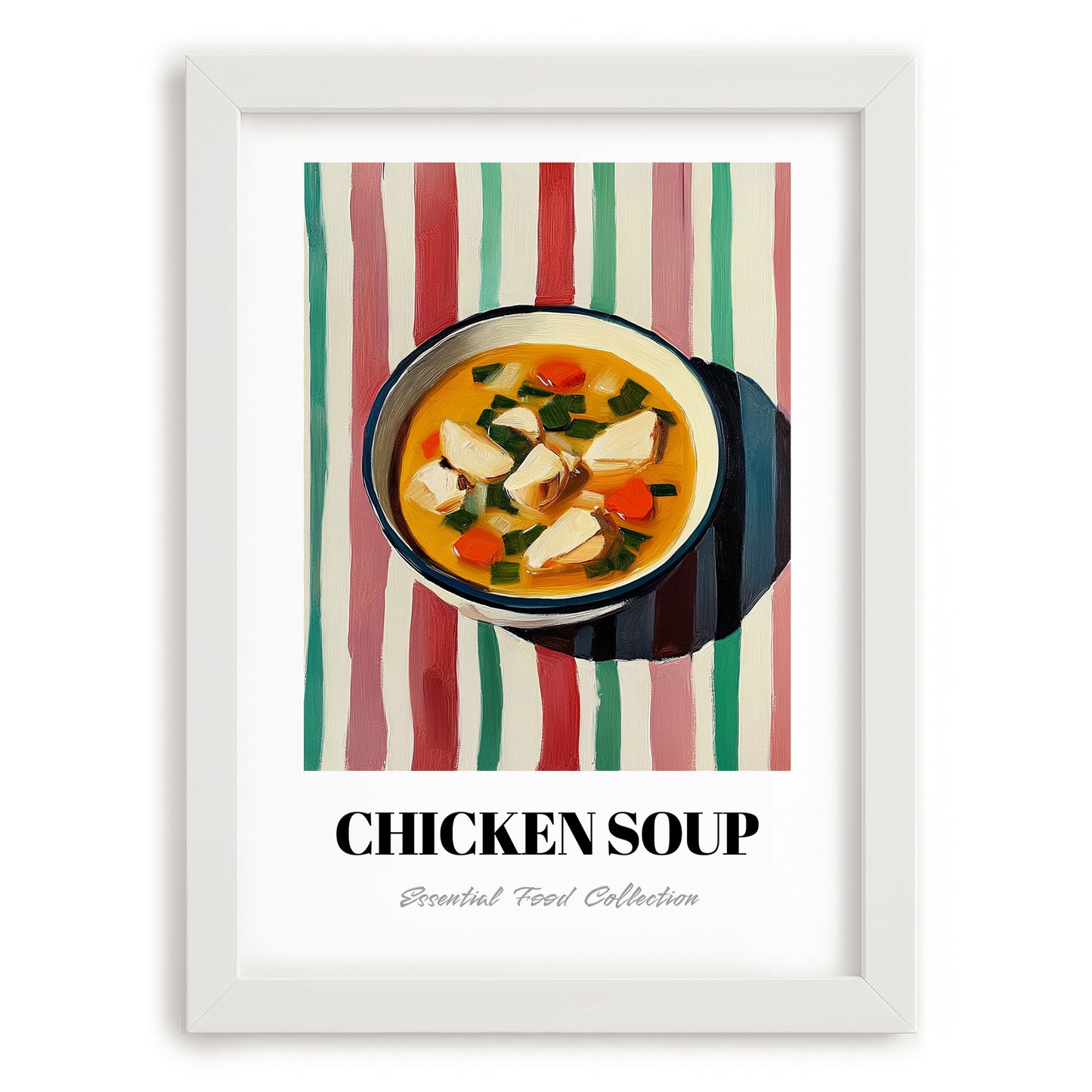Chicken Soup – on Striped Tablecloth, American Food Art, placed in minimal white frame