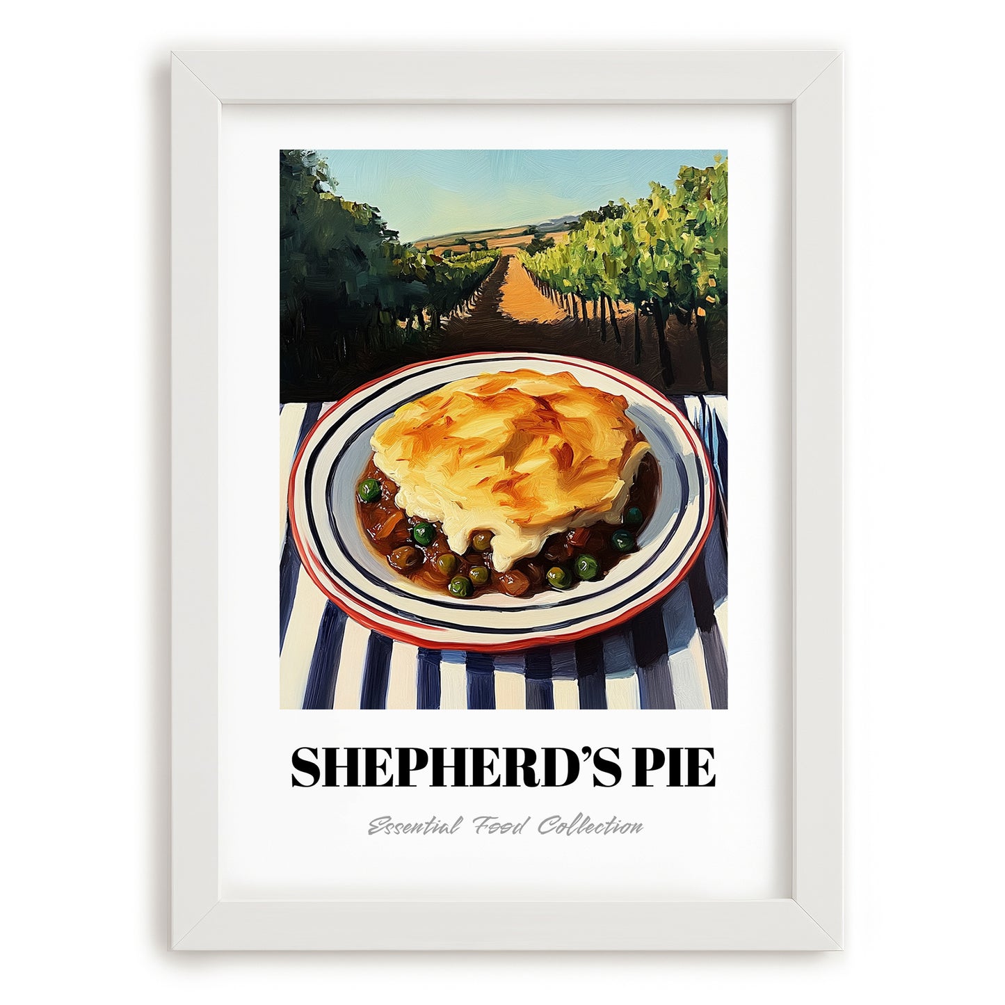 Shepherd’s Pie – Hillside Café View, British Food Painting, placed in minimal white frame