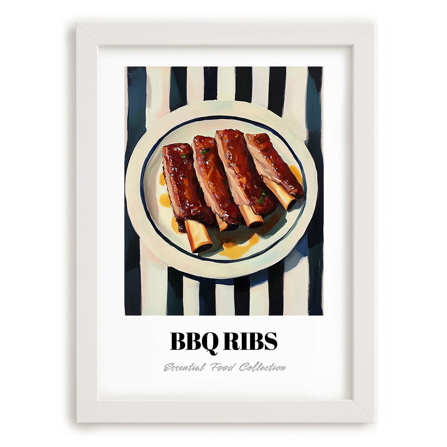 BBQ Ribs – on Striped Tablecloth, American Bbq Still Life, placed in minimal white frame