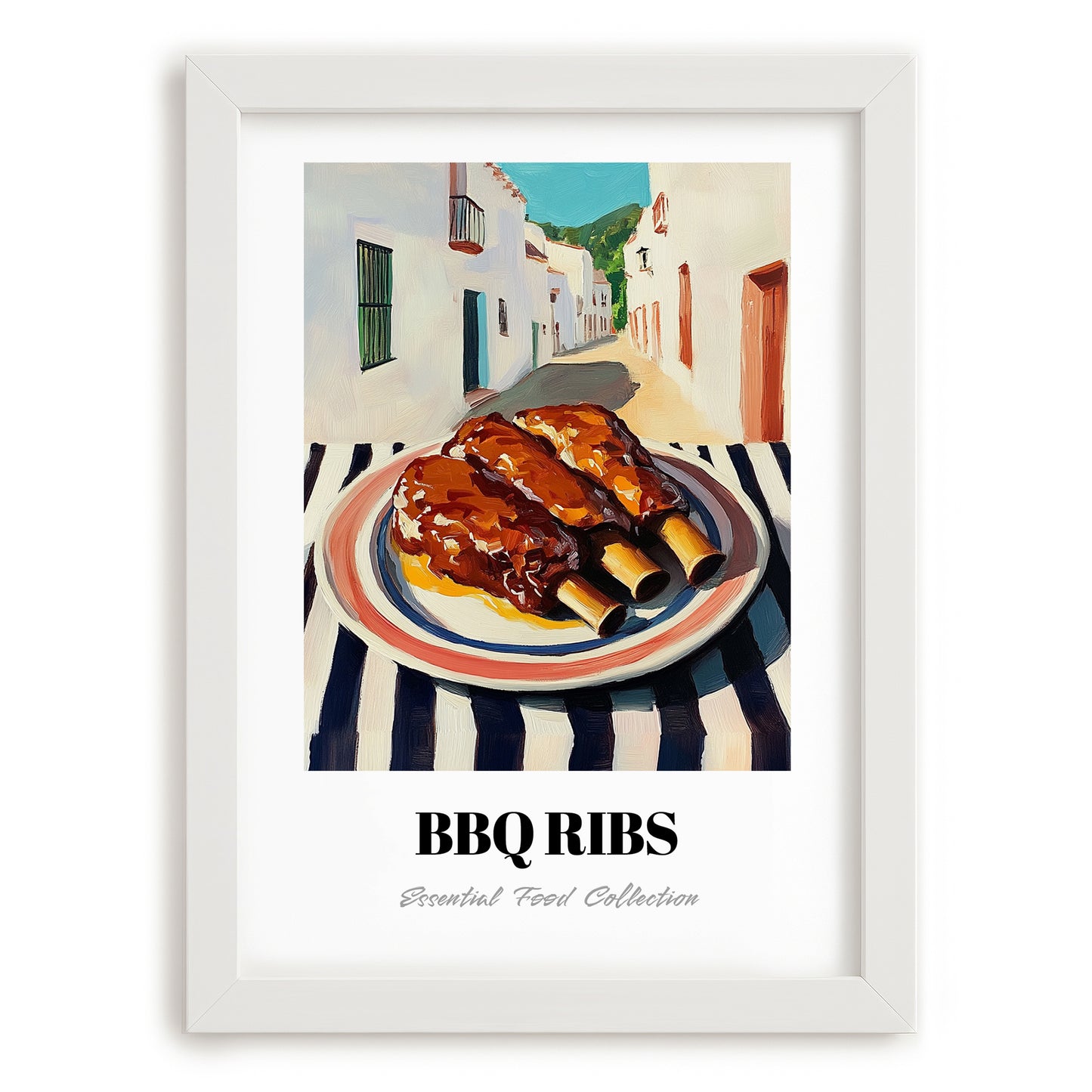 BBQ Ribs – White village Outdoor Café Scene, American Bbq Painting, placed in minimal white frame