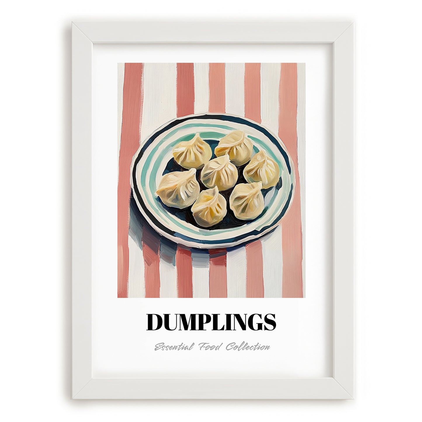 Dumplings – on Striped Tablecloth, Chinese Food Poster, placed in minimal white frame