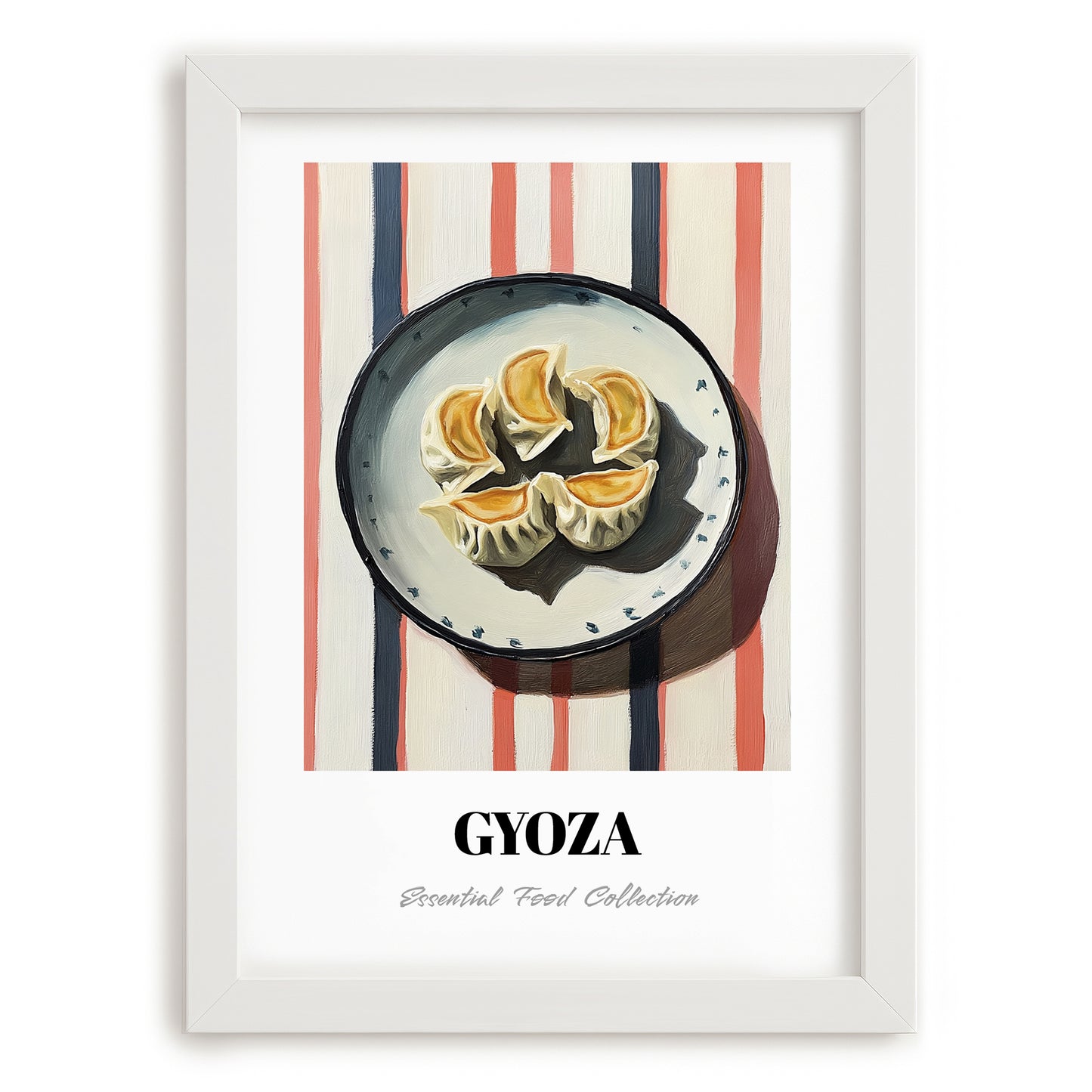 Gyoza – on Striped Tablecloth, Japanese Food Wall Art, placed in minimal white frame