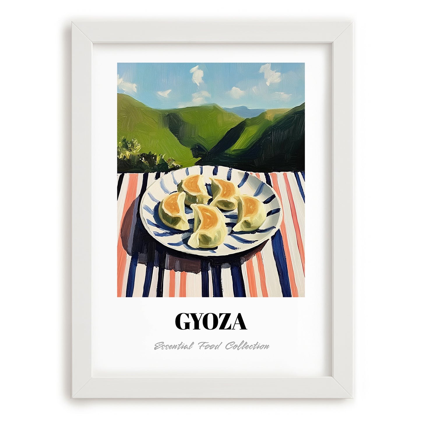 Gyoza – Hilltop Café Scene, Japanese Food Wall Decor, placed in minimal white frame
