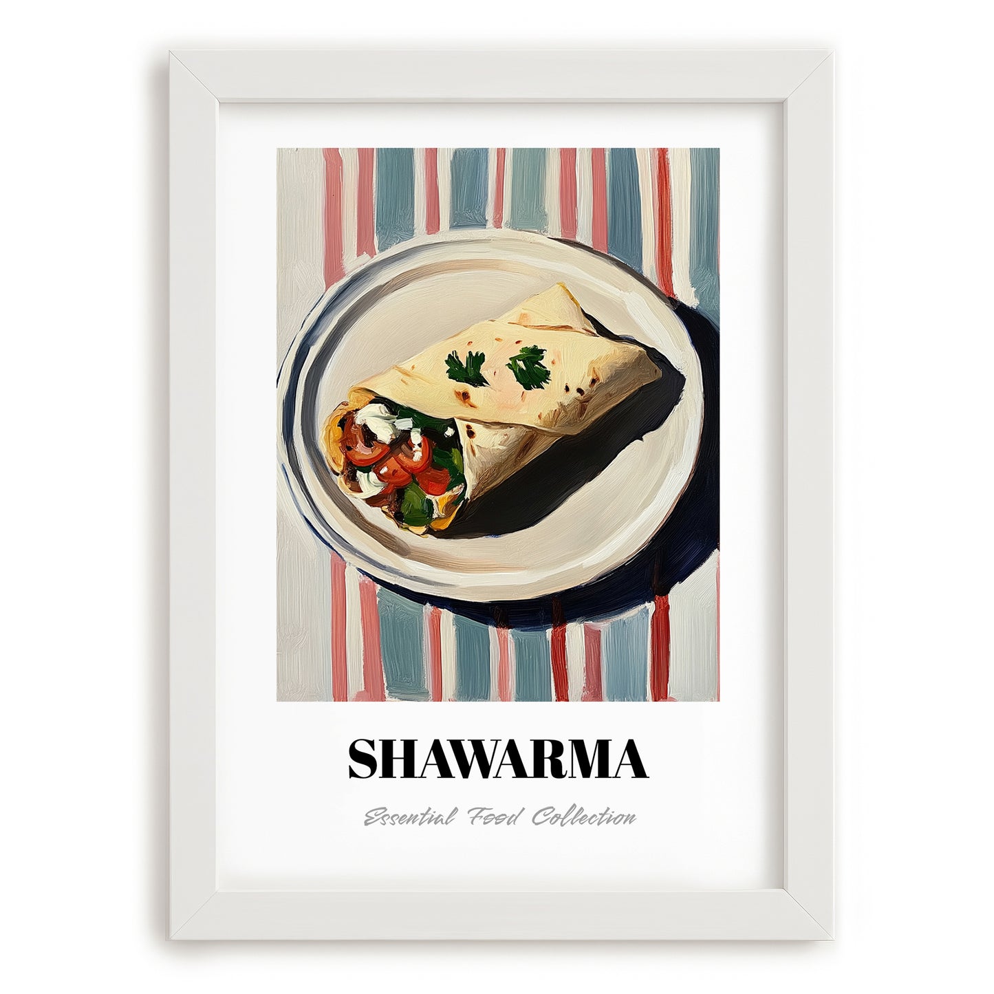 Shawarma – on Striped Tablecloth, Middle Food Print, placed in minimal white frame