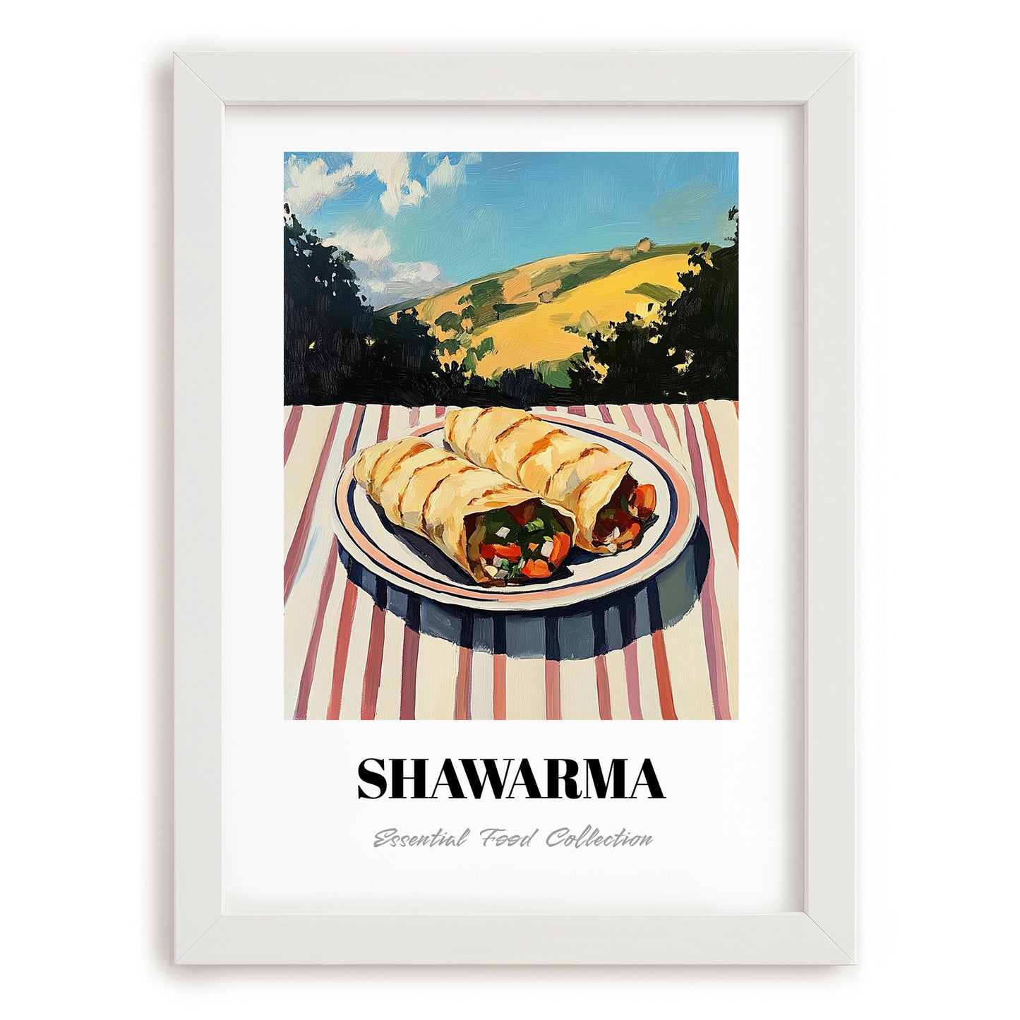 Shawarma – Hilltop Café Scene, Middle Food Wall Art, placed in minimal white frame