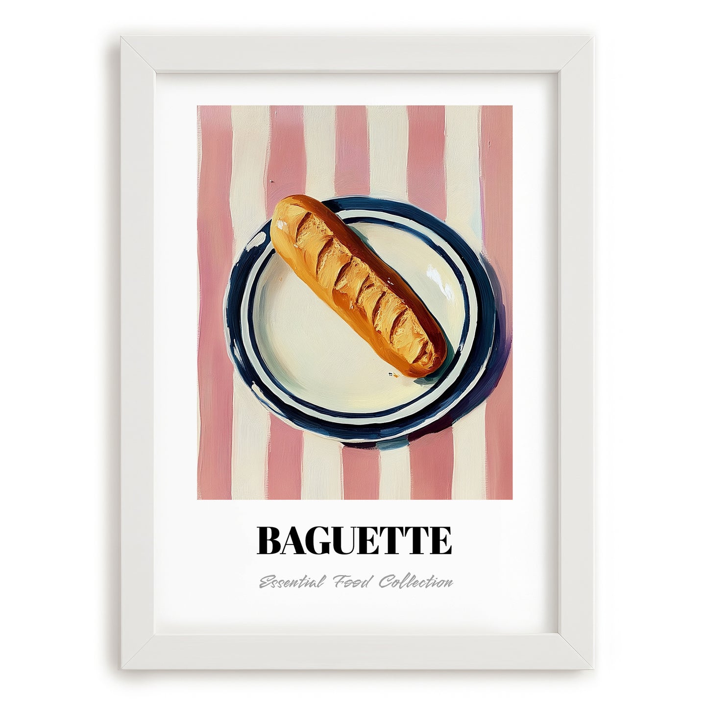 Baguette – on Striped Tablecloth, French Food Print, placed in minimal white frame