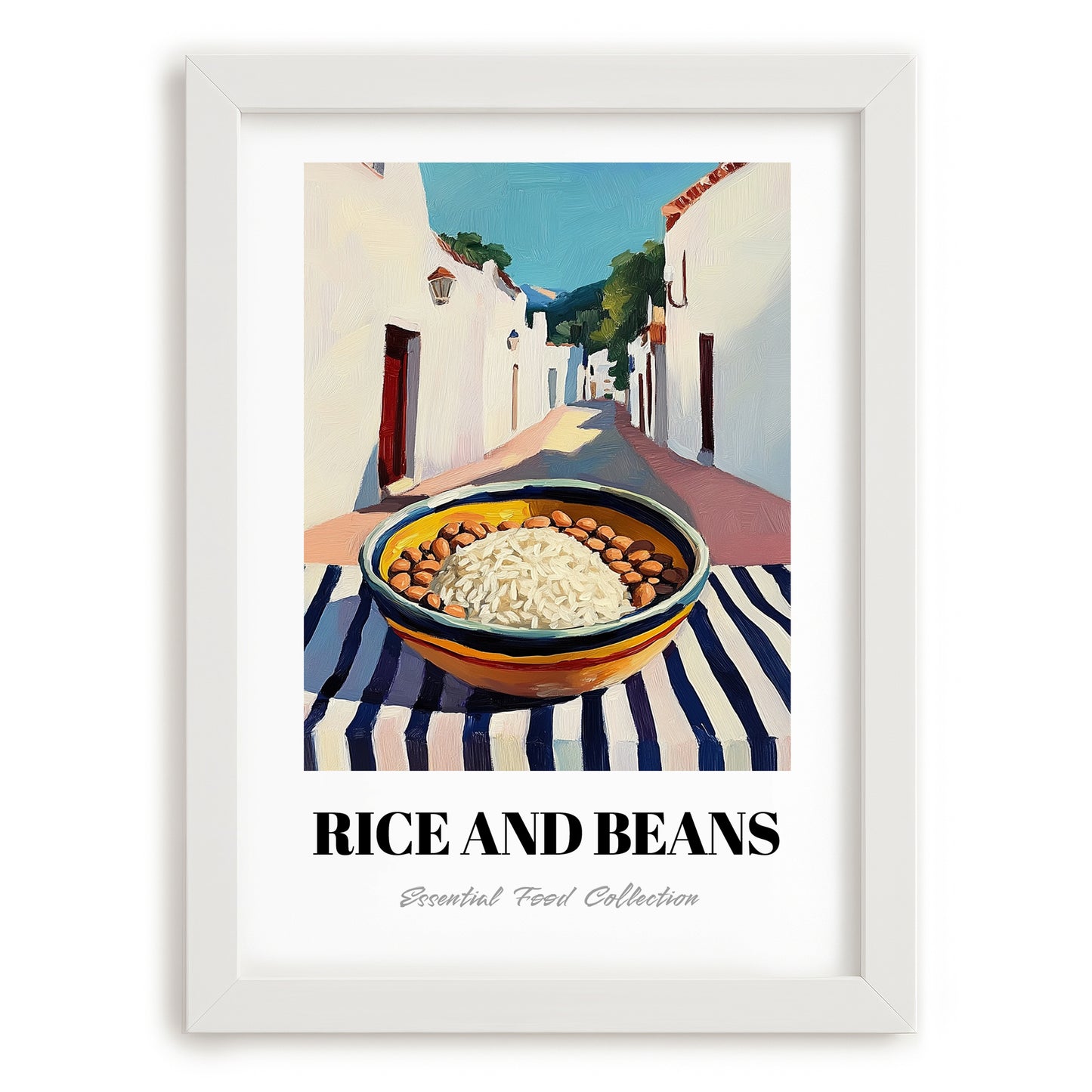 Rice And Beans – White village Outdoor Café Scene, Latin Food Illustration, placed in minimal white frame