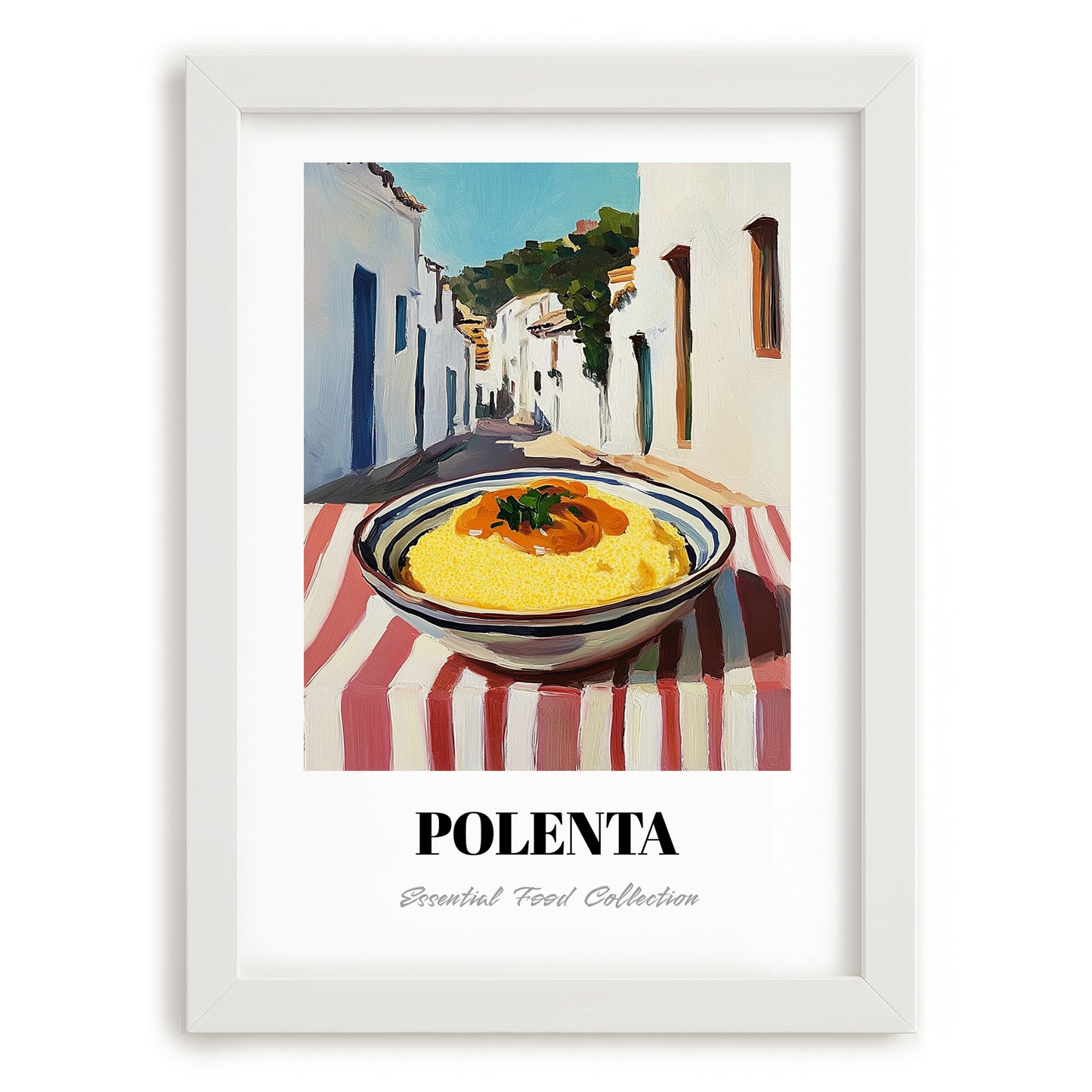 Polenta – White village Street Café Scene, Italian Food Still Life, placed in minimal white frame