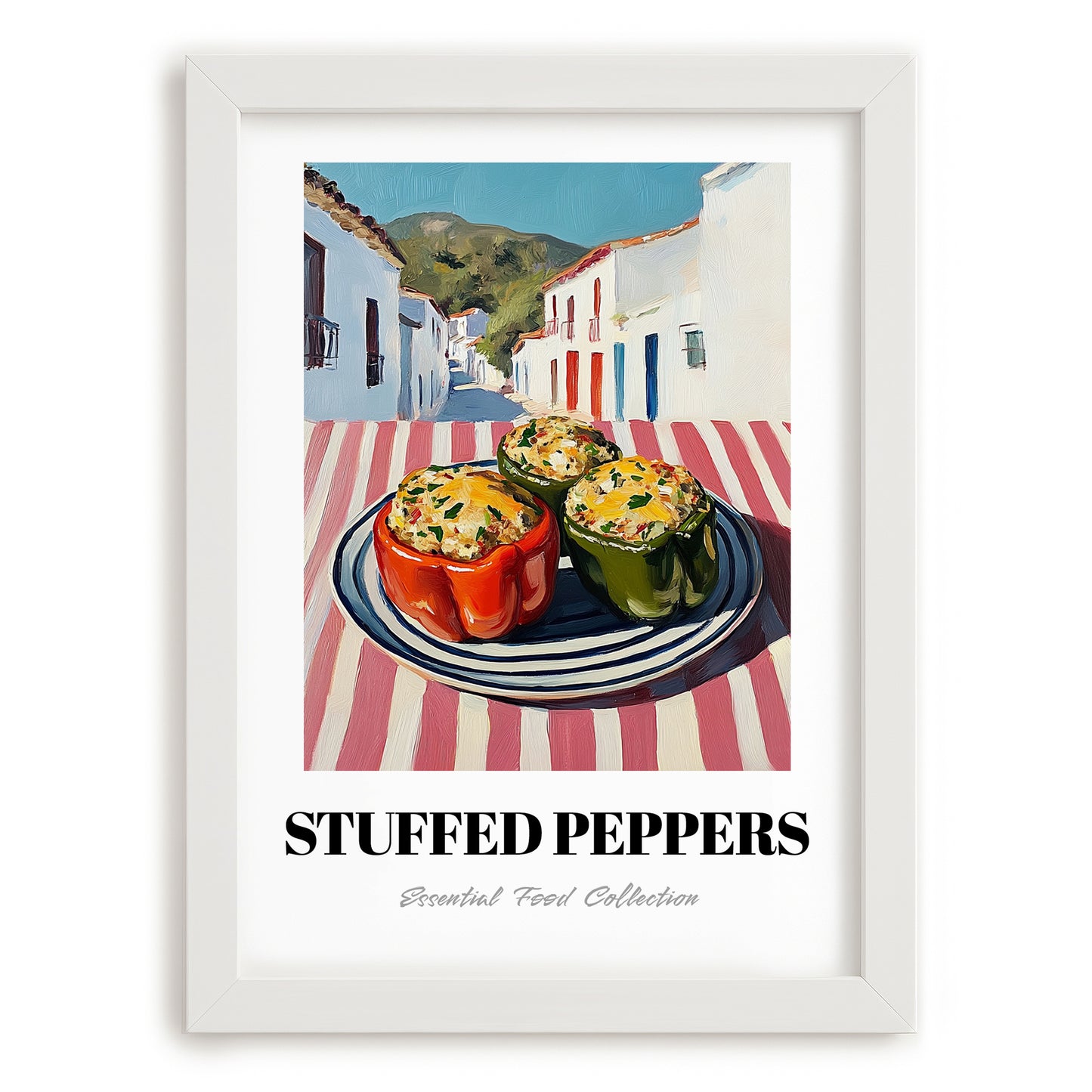Stuffed Peppers – White village Café on the Corner, Balkan Food Poster, placed in minimal white frame