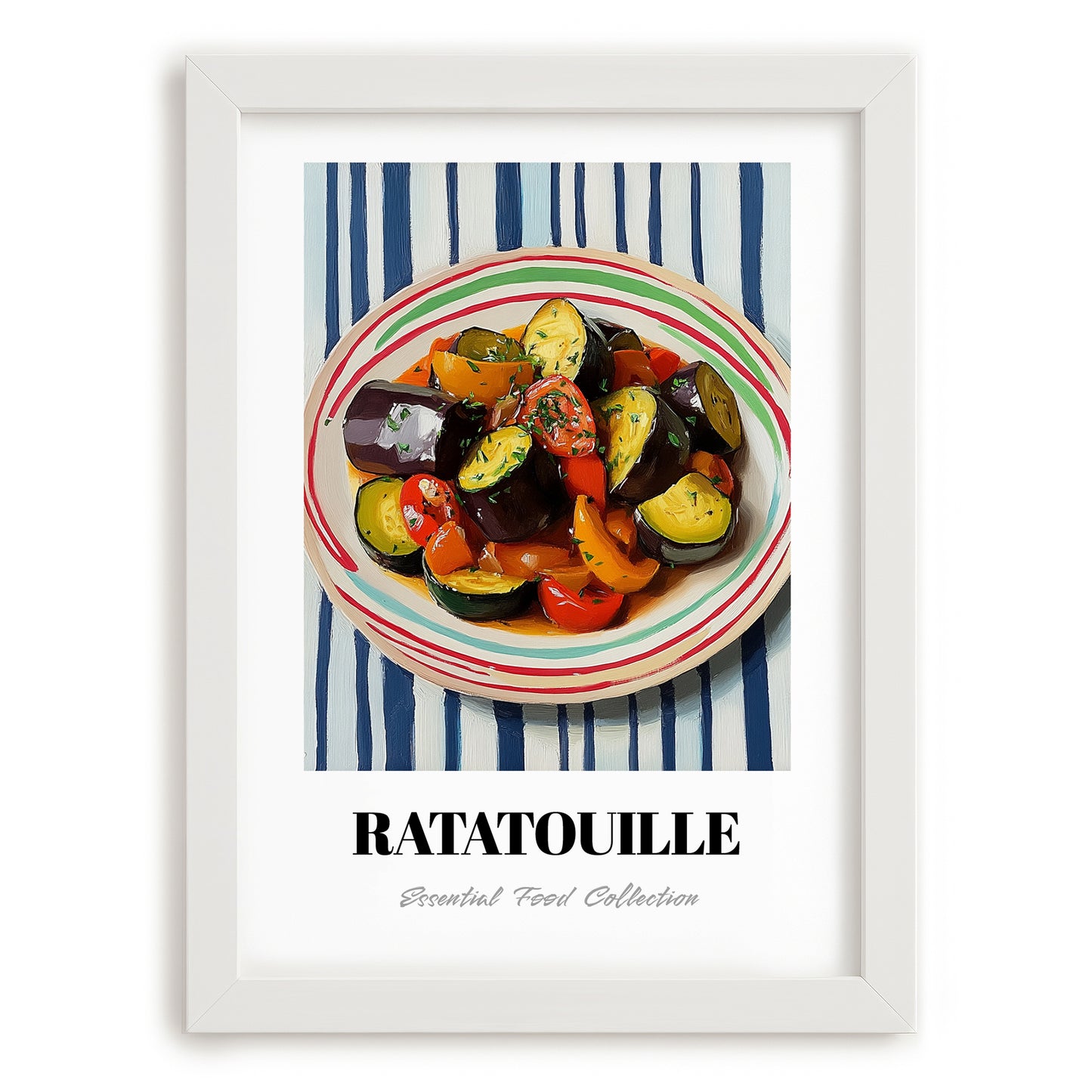 Ratatouille – on Striped Tablecloth, French Food Painting, placed in minimal white frame