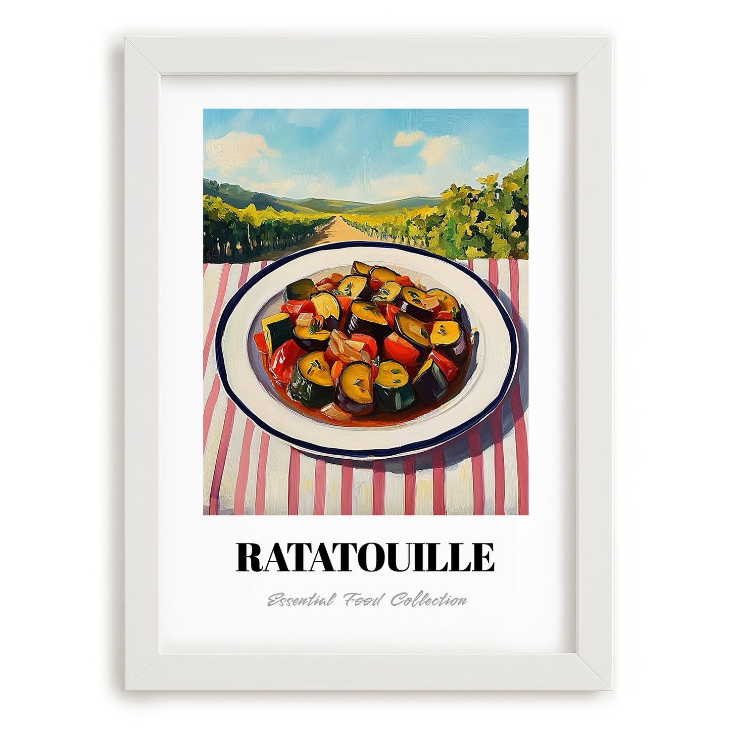 Ratatouille – Hilltop Table Scene, French Food Poster, placed in minimal white frame